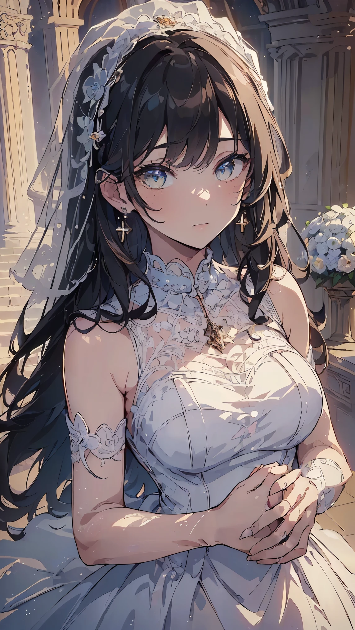 (((Best quality, 8k, Masterpiece: 1.3)), ((best quality)), ((masterpiece)), (detailed), perfect face, perfect body, ((best quality)), ((masterpiece)), (detailed), perfect face, (best quality), (detailed skin:1.3), (intricate details), curly hair, Wedding, wedding dress, expression of joy, holding a bouquet in both hands, pure white dress, black hair, earrings, engagement ring, church