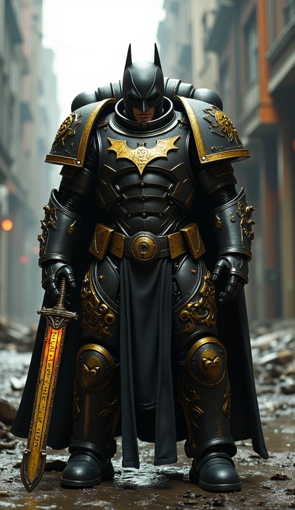 The hyper detail, armed supperhero, the astartes Batman with metallic, Strengthen Warhammer 40k space marine inspired power armor, the cloak, the face mask, golden bat emblem on chest, detail decoration chain sword, the metal annulus with ray behind head. standing on the street in chaos dystopian city background at dawn. His helmet is marked with runes, chain sword hangs on hand, glowing faintly with enchanted, golden runes. detail background, straight on angle shot, Full body shot, closed-up, ultra-realistic 32k resolution, official art styled digital painting, intricate armor engravings catching realistic lighting, film grain texture overlay, reversal film effect, high quality, detailed realistic background with scattered futuristic debris, shadowed craters, misty atmosphere, cinematic.