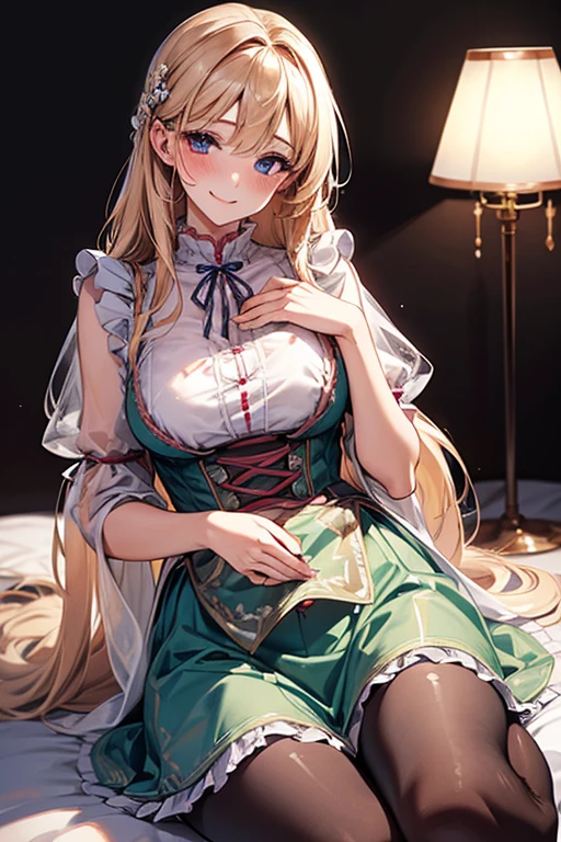 (Best quality, 8k, 32k, Masterpiece, UHD,:1.2),RAW, human, 1girl,ultra cute , ultra cute, natural lighting, transparent shining eyes, 20yo, medium breast ,femur, fair complexion , flushed face, ,Homemade Country Dress,long-sleeved dress in muted colors, Handmade apron for practicality and style, sturdy fabrics like cotton, Happily Smiling, ((wariza)), on sofa, emerald green, From above, Closeup shot, Cleavage Cutout, blonde ponytail