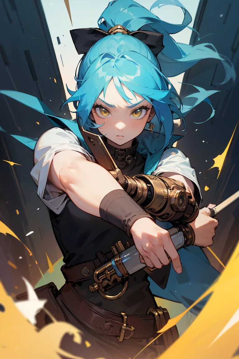 （（（masterpiece、Highest image quality、highest quality、highly detailed unity 8ｋwallpaper）））、（（Illustration of one girl、upper body））、（（（beautiful girl）））、（female pirate）、（Light light blue hair、short ponytail：1.2、yellow eyes）、（（（Right hand is a prosthetic hand、steampunk prosthetic arm）））、（（tall））、bulky figure, massive frame, thick neck, sturdy arms, powerful legs、（captain&#39;s suit、Pirate hat、Blue coat）、pier