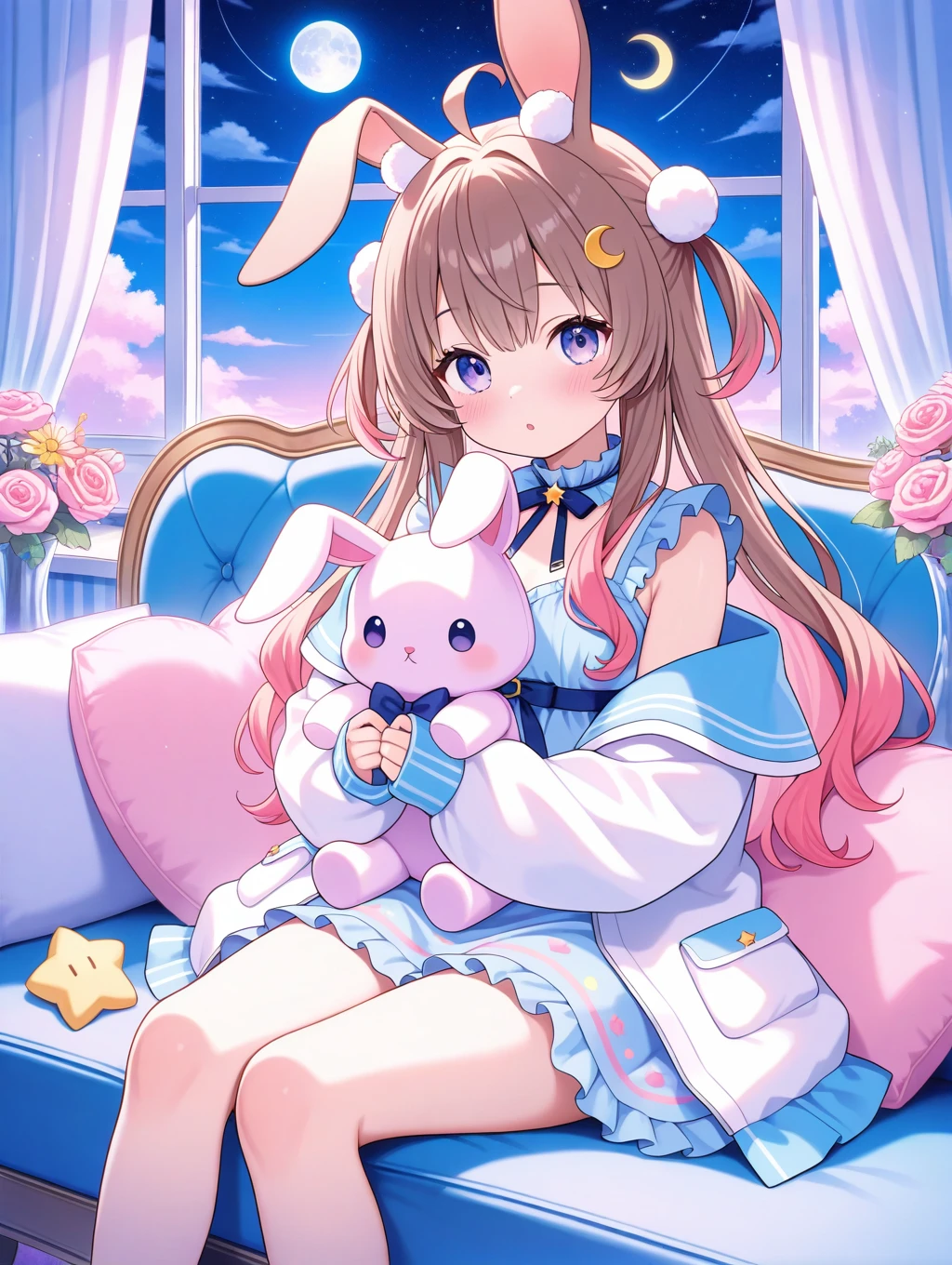 1girl, animal ears, moon, solo, long hair, looking at viewer, window, rabbit ears, hair ornament, star \(symbol\), sleeves past wrists, purple eyes, sky, ahoge, star \(sky\), stuffed rabbit, rabbit, long sleeves, full moon, brown hair, night, stuffed toy, jacket, holding, sitting, feet out of frame, indoors, blue eyes, parted lips, dress, stuffed animal, cloud, off shoulder, curtains, frills, starry sky, night sky, :o, pom pom hair ornament, white jacket, pom pom \(clothes\), couch, open clothes, virtual youtuber, crescent, blush, heart, pillow, pink hair, puffy long sleeves, flower, open jacket, rabbit girl,pastel colors,colorful,
,masterpiece,best quality,amazing quality,very aesthetic,absurdres,newest,