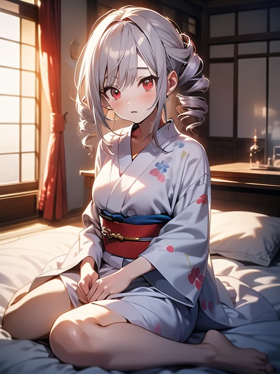 In 8K、top-quality、​masterpiece、 ultra-detailed、 ultra high resolution、 anime style 、Traditional Japanese room、night、Dark room with no windows、、Light-colored yukata、On the futon、Chest Cleave 、Shoulder Bare, (Drill Hair:1.5), Grey Hair, Long Hair, Pale skin, (red eyes:1.5),  twin drill,