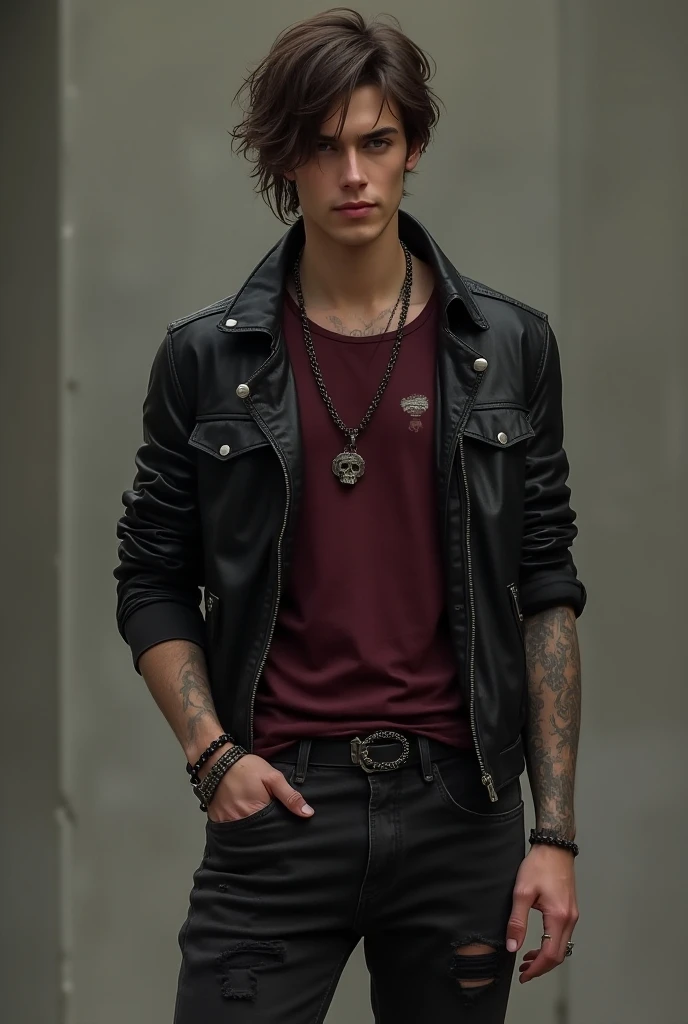 handosome male, holding cigarette, alone, chill expression, black leather jacket, metal hand sign