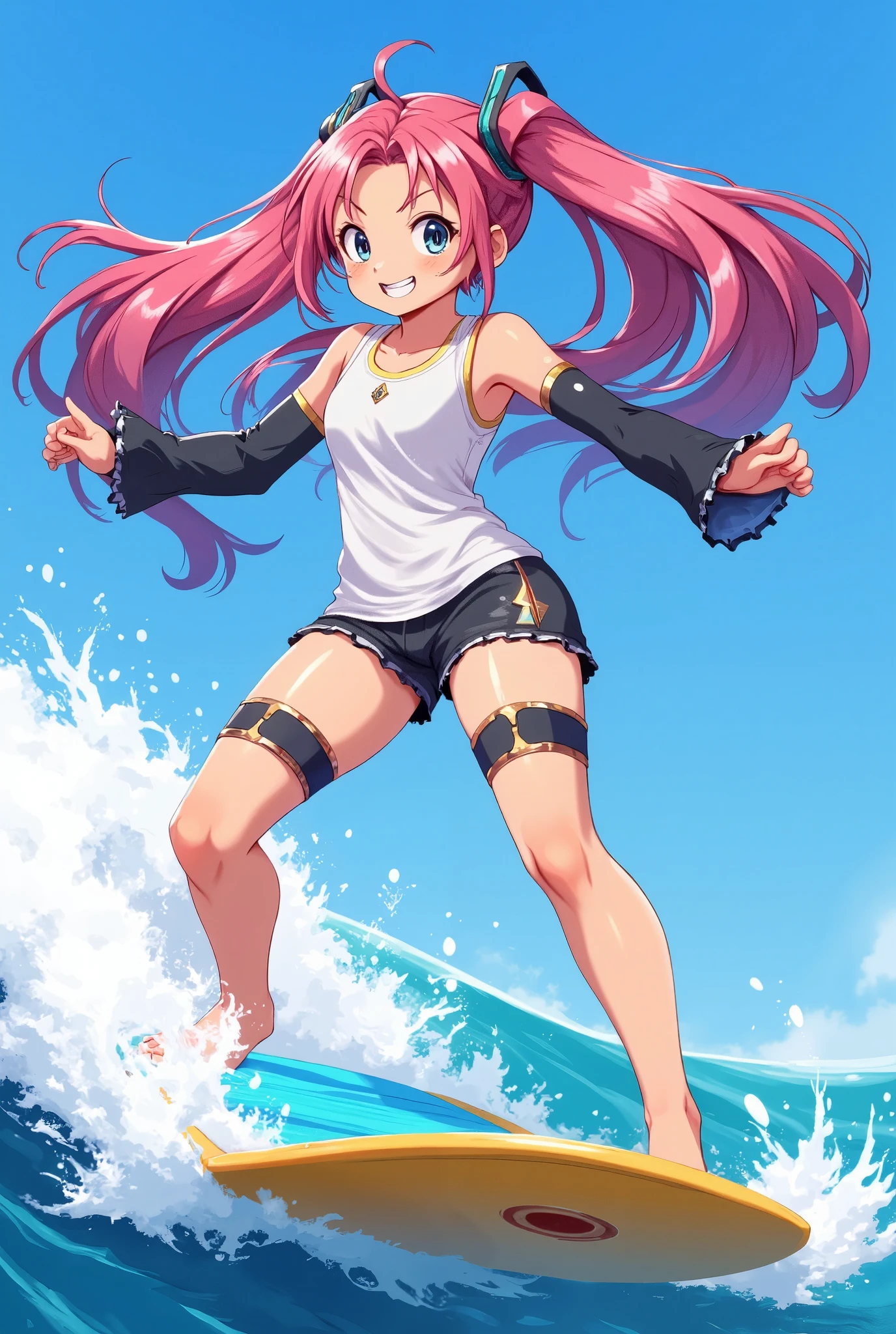 (masterpiece、Best Quality、Best Quality、Official Art、Beautiful and beautiful:1.2)、( one girl playing pranks:1.3) Hatsune Miku、 Twin Tails,Beautiful breasts,​masterpiece、Looking up from below、surfing、 Riding the Waves on a Surfboard 、 Great Balance 、Girlish、 Red Hair and Wheat-colored Skin 、water着のラインに日焼け跡がある、 tank top 、Smile、Vast blue sky、Scenes of Youth 、 Sweating 、To the Cloud、1 page of summer、 Smile with Clenched Teeth 、 close your eyes and laugh、Wet your hair、water、