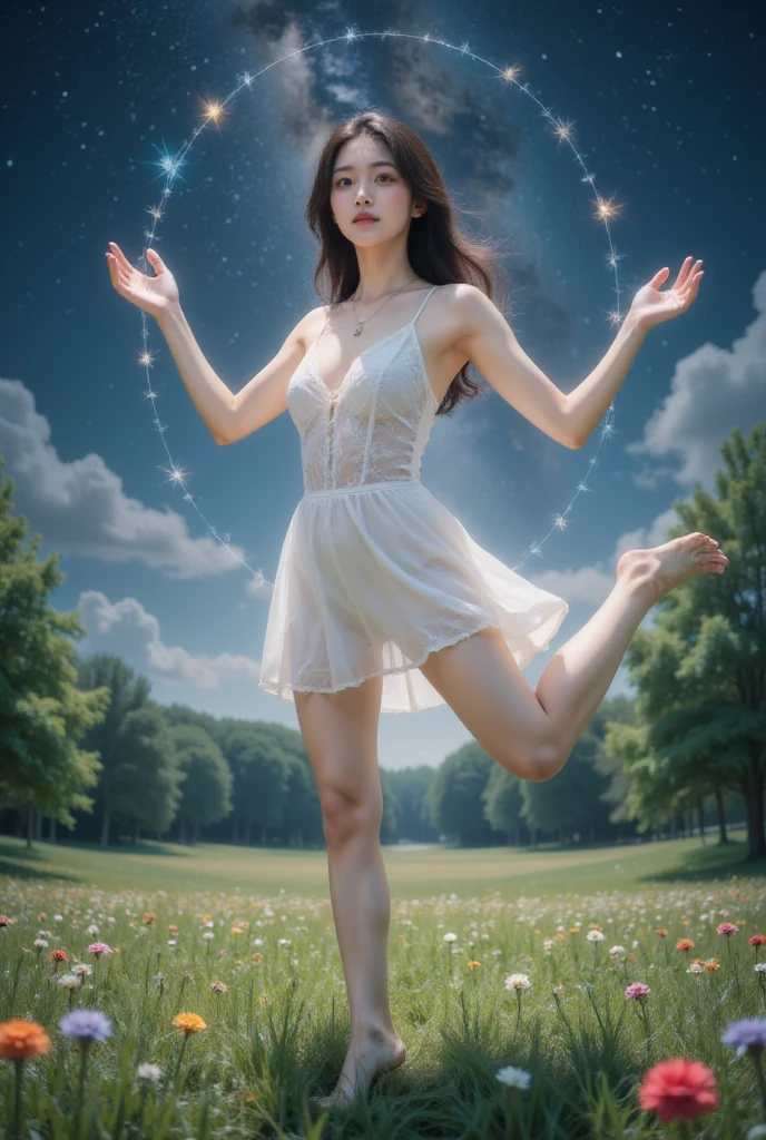 （（（（（Standing Splits）））））， Transparent tights ，( masterpiece 、Highest quality、8K、 high resolution )、1 female、Beautiful slender eyes 、Lovely lips、 beautiful nose 、Brown black hair、 Smile、(best anime girl)、 Green prairie and forest landscape 、walk,((barefoot, Off the Ground, flying High target, High target, High target, Flying and running)),Fantasy Art, colorful flowers blooming in the field,Bright Night，Starlight is clearly visible、Milky Way、(Mysterious light particles are emitted from the whole body、  Colorful light particles  )、Jewelry、necklace、 white lace dress 、(Beautiful full body style)、 Highly detailed anime art 、Fantasy Art,