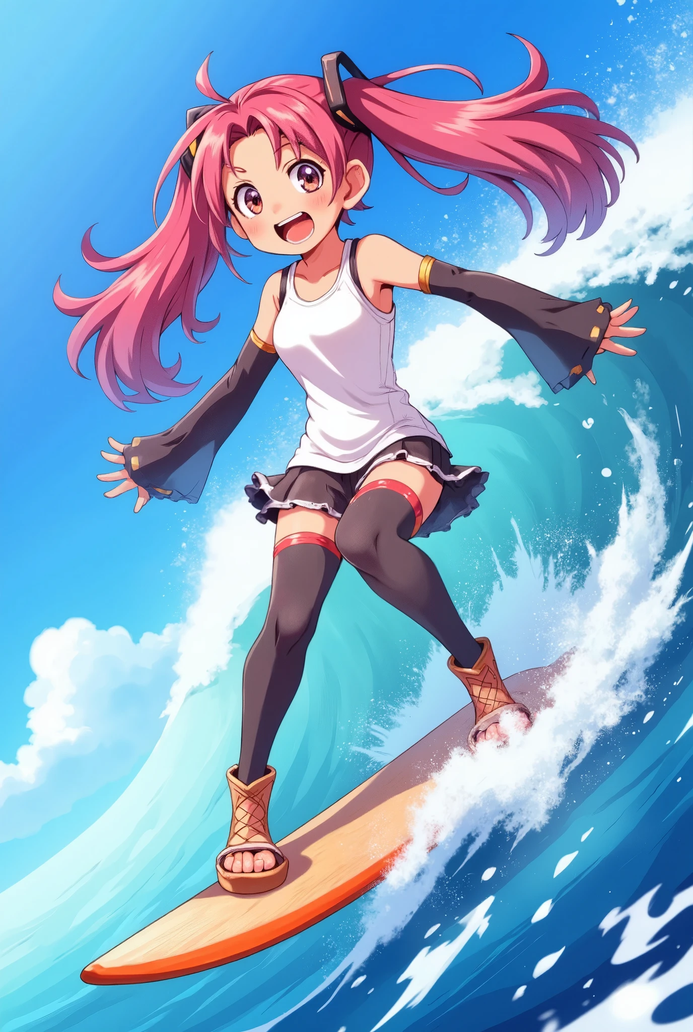 (masterpiece、Best Quality、Best Quality、Official Art、Beautiful and beautiful:1.2)、( one girl playing pranks:1.3) Hatsune Miku、 Twin Tails,Beautiful breasts,​masterpiece、Looking up from below、surfing、 Riding the Waves on a Surfboard 、 Great Balance 、Girlish、 Red Hair and Wheat-colored Skin 、water着のラインに日焼け跡がある、 tank top 、Smile、Vast blue sky、Scenes of Youth 、 Sweating 、To the Cloud、1 page of summer、 Smile with Clenched Teeth 、 close your eyes and laugh、Wet your hair、water、