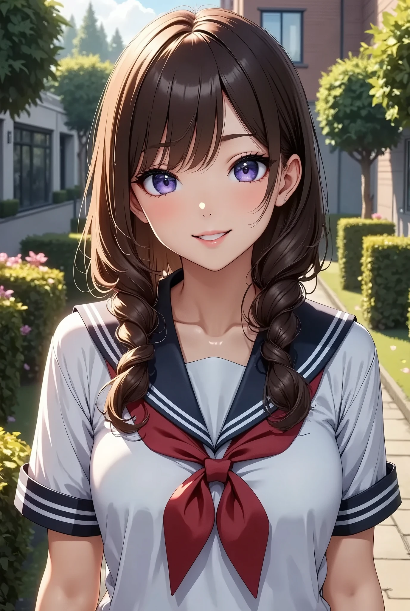 A smiling female high school student, taking a memorial photo in front of the school, beautiful detailed eyes, beautiful detailed lips, extremely detailed eyes and face, long eyelashes, school uniform, standing, full body shot, outdoor setting, sunny day, bright lighting, vivid colors, warm color tone, (best quality,4k,8k,highres,masterpiece:1.2),ultra-detailed,(realistic,photorealistic,photo-realistic:1.37),professional portrait photography