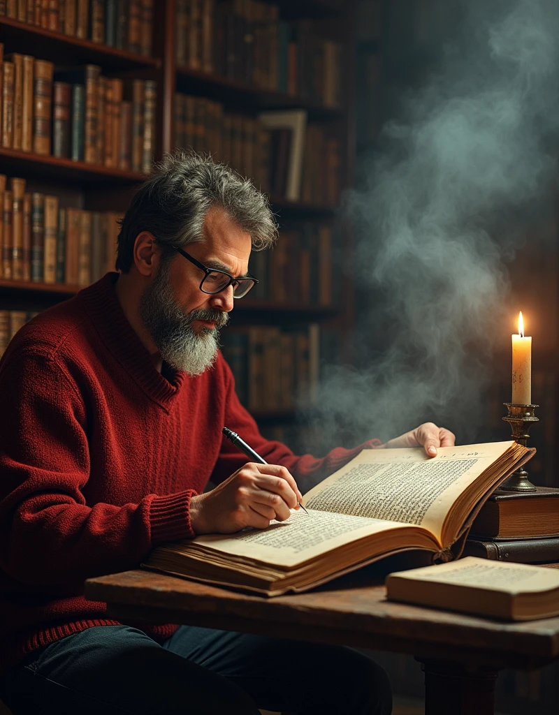  sits a man ( years 35-40 years old with glasses , in a red woolen knitted sweater )  at a table in a small library reading an ancient book ( old parchment paper ,  iron cover , Latin ,)  and in the air he has formulas ,  warrior of the past , dates of ancient events ,  and against him for the table is sitting the smoky spirit of an ancient Arab scholar and author of the book, invisible to him, maximum detail,Mysticism, otherworldly  