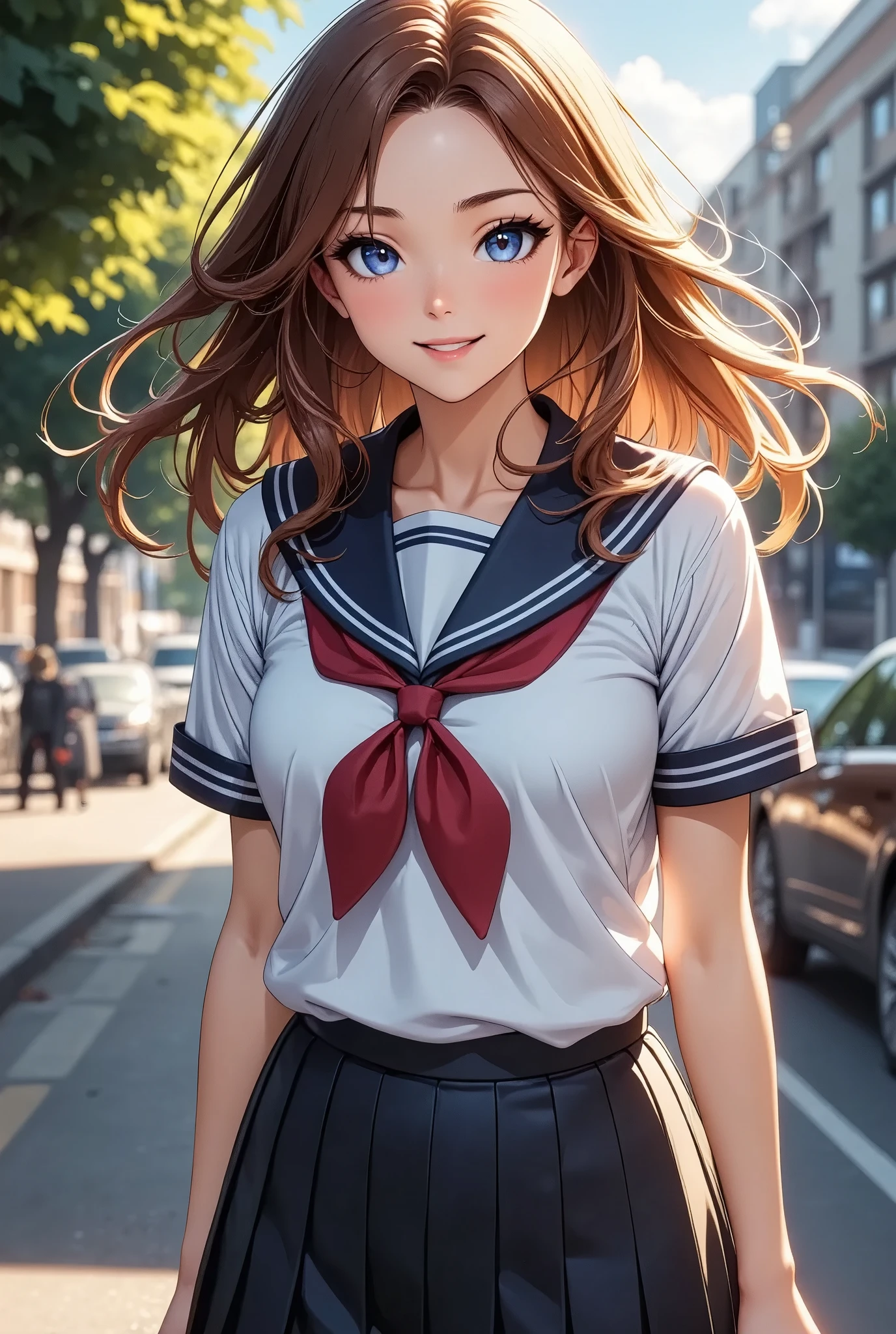 A smiling female high school student, taking a memorial photo in front of the school, beautiful detailed eyes, beautiful detailed lips, extremely detailed eyes and face, long eyelashes, school uniform, standing, full body shot, outdoor setting, sunny day, bright lighting, vivid colors, warm color tone, (best quality,4k,8k,highres,masterpiece:1.2),ultra-detailed,(realistic,photorealistic,photo-realistic:1.37),professional portrait photography