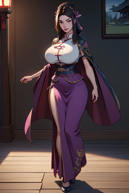 Solo, 1 Beautiful Female, Wuxia World, (1 Girl), (Full Body), (Xiuxian World), (huge breasts:1.4), (big buttock:1.1), Chinese Immortal Wuxia, (Purple Cross-collared Top, Ancient Long Skirt, Embroidered Cape, Streamer), Brunette Hair, Chinese Coiled Bun, Hairpin, Light Pink Lips, Calm, Intellectual, Delicate Face, Masterpiece, Best Quality, High Quality, High Definition, High Quality Texture, High Quality Shadows, High Detail, Cinematic Light, Side Lighting, Ray Tracing, Sharp Focus, Realistic, Edge Light, Two-tone Light, (Detailed Skin Details: 1.2), 8k uhd, SLR, soft light, high quality, high resolution, (very detailed CG unity 8k wallpaper)