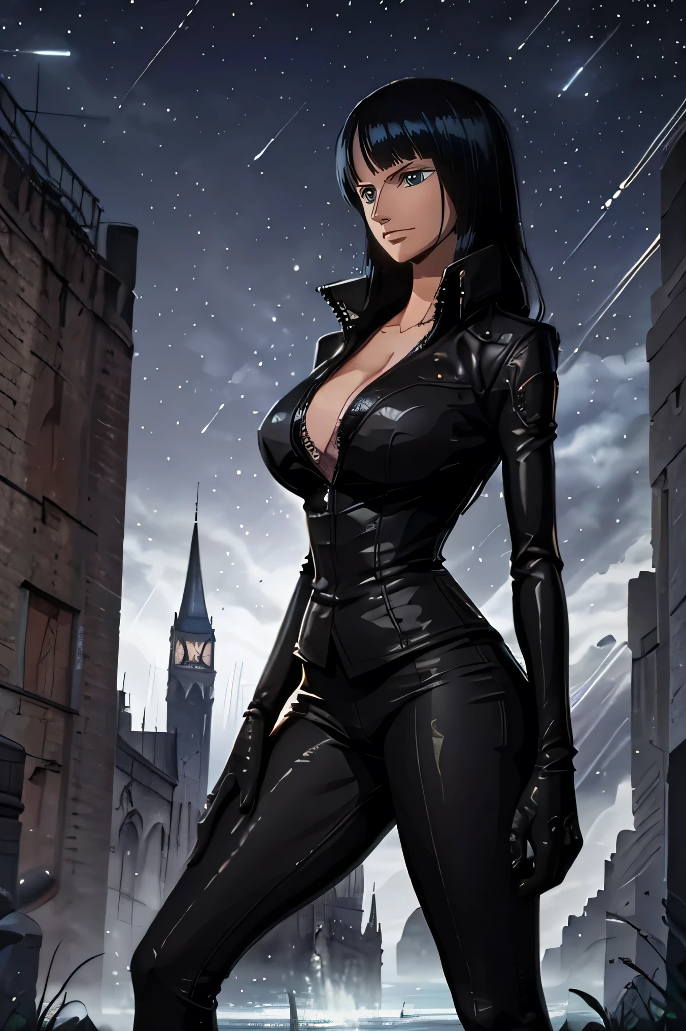 20years old woman, 180 cm tall, ((((( female assassin))))), (((wearing black suits))), model-like beauty, perfect features, chest area. Large exposed, ((medium 　breasts :1.2)),  England castle in the background, standing on the castle, (((((dynamic pose:1.1))))), (((high quality:1.1))), (((high resolution:1.1))), (((realistic:1.2))), ((((Detailed description:1.1)))), slim waist, plump upper body, plump lower body, perfect arms, perfect collarbone, perfect fingers, perfect five fingers, perfect hands, perfect limbs, perfect hips, Perfect butt, perfect thighs, perfect legs, movie lighting,black skin, black skin 