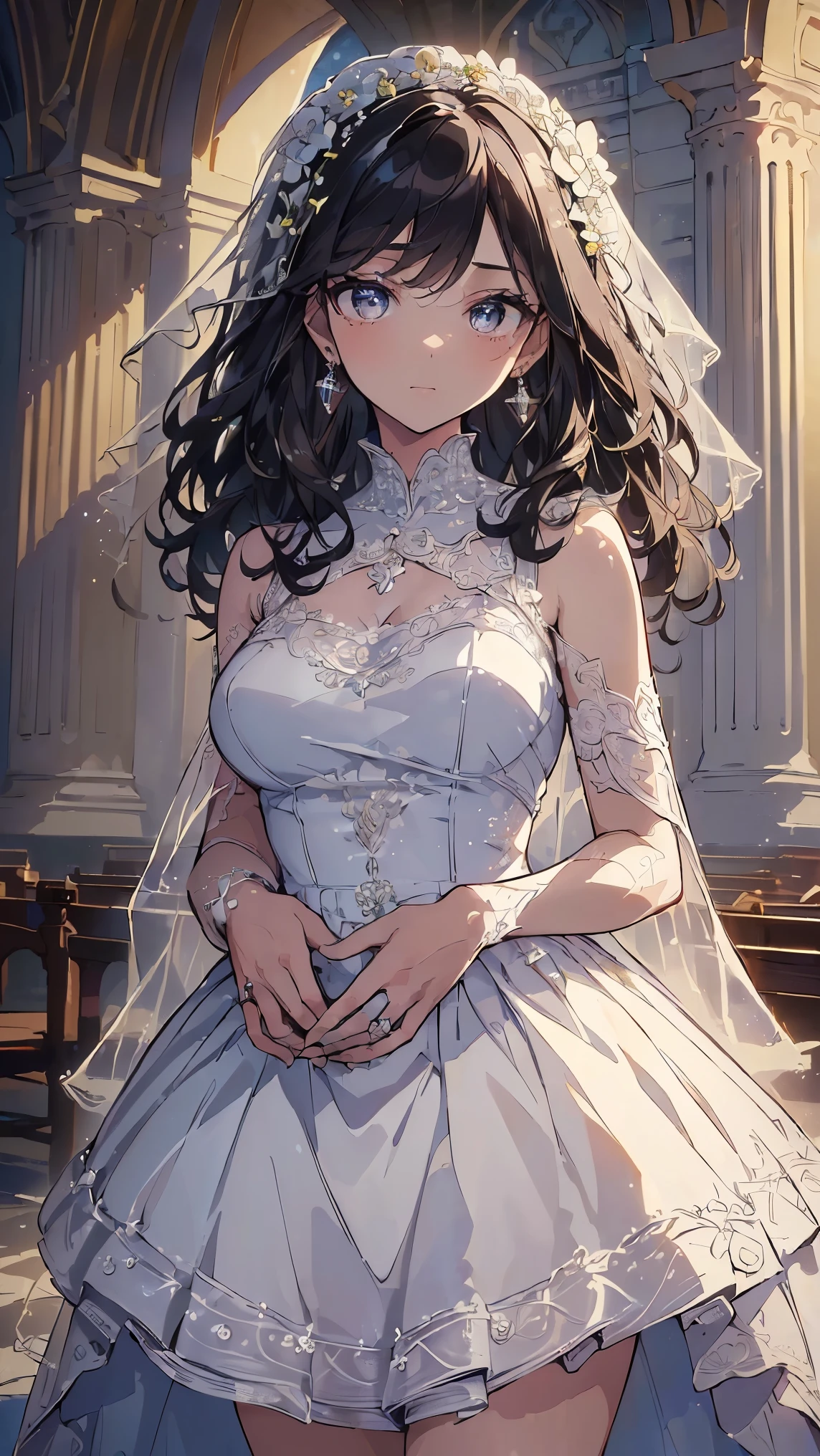 (((Best quality, 8k, Masterpiece: 1.3)), ((best quality)), ((masterpiece)), (detailed), perfect face, perfect body, ((best quality)), ((masterpiece)), (detailed), perfect face, (best quality), (detailed skin:1.3), (intricate details), curly hair, Wedding, wedding dress, expression of joy, holding a bouquet in both hands, pure white dress, black hair, earrings, engagement ring, church