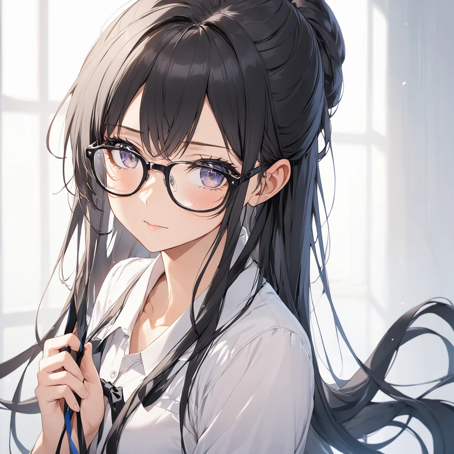  1 girl, Black Hair,Long Hair, Glasses,Ready your bow