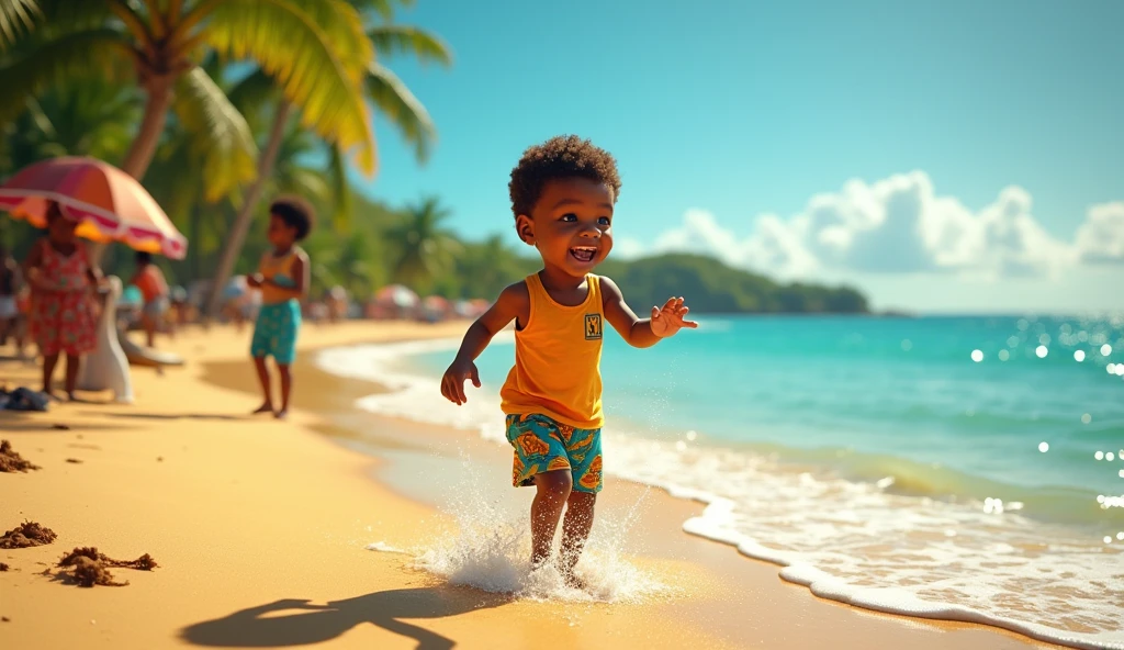 Realistic photo, ultra details, natural light ultra detailed portrait ((1)) adorable little black boy incredibly charming, smile of attack, cheerful smile, playing on the beach sand, sea in the background, water in the background, playing, photo taken full body. The illustration is in high definition in 8K resolution, with ultra detailed facial features