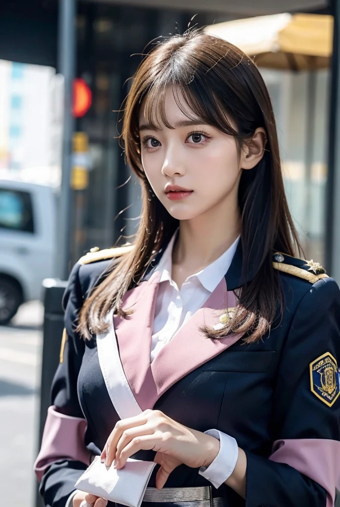 blunt bangs, long hair, swollen eyes, arrogant, police uniform, pink uniform, close camera