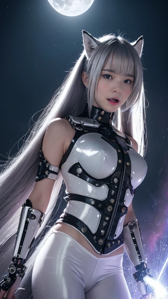 Beautiful Face,Face is Japan, 1 Woman, Big, Curvaceous, (8k, RAW Photo, Best Quality, Masterpiece: 1.2), (HDR, Realistic, Photorealistic: 1.37) (Blood vessel attached to tube), (Bikini Cyborg Robot Parts)))), (Light Grey Hair), Long Hair, Wavy Hair, Twin Tails, Medium Shot, ( Seductive smile)), (black eyes), princess cut,from below,(whole body),posing,,inside the lab,( blood vessel connected to a tube),((mechanical vertebrae attached to the back)),((mechanical neck attached to the neck)),(wire cable attached to the head and body),(character focus),science fiction,perfect female figure,perfect anatomy,ultraanatomy, Full body shot,