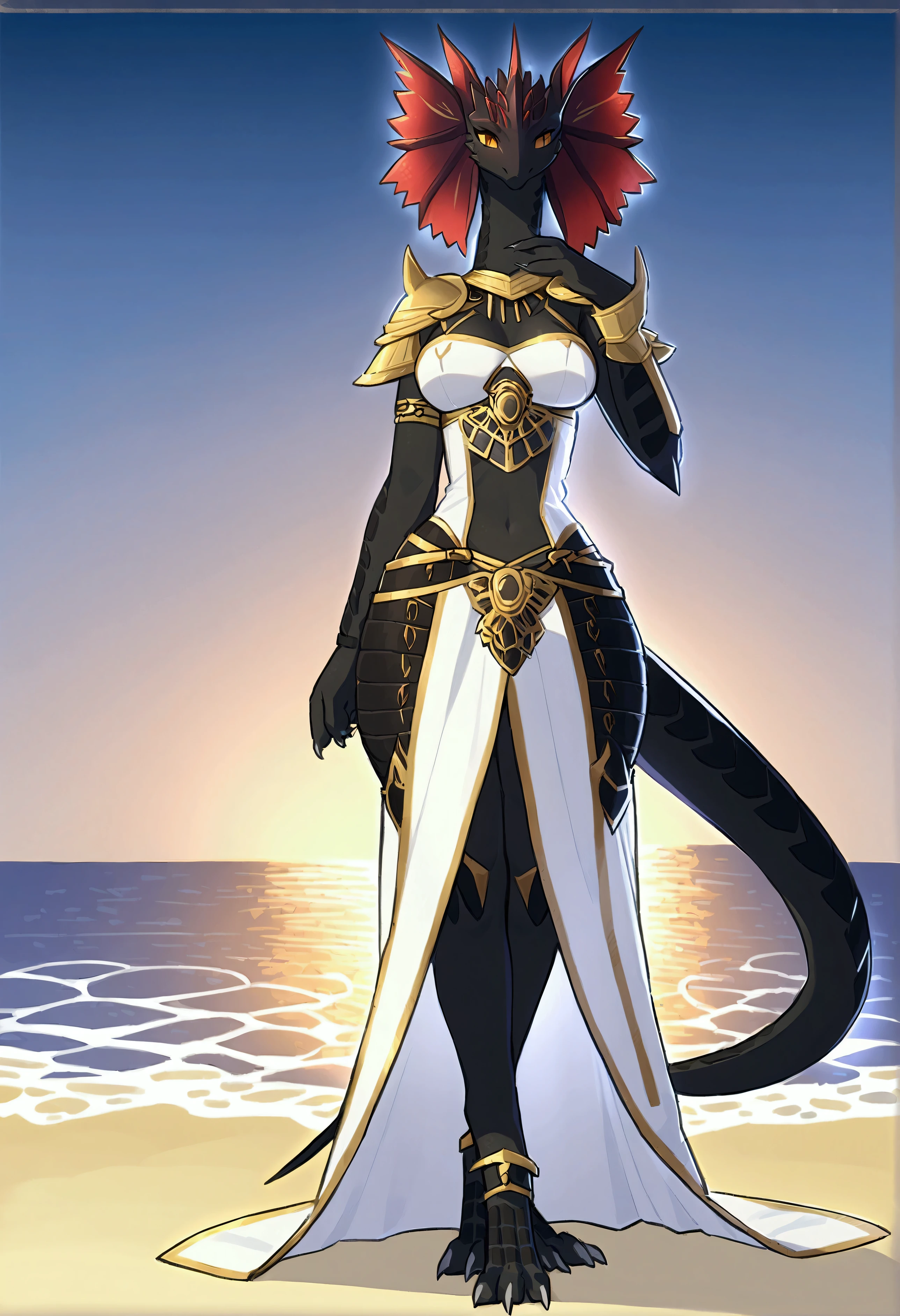 (top quality, best quality, Yamame513, High-quality illustrations, masterpiece, perfect artwork, cinematic light and shading, 16k, 1080p, uploaded on e621)(kemono, furry, anthro, alone), 1 female, (very detailed body, face, tail, arms, hands, legs, hair and eyes), lizard, (Divinity: Original Sin 2), scale body, lizard body, black body, breasts, wide hips, lizard head, lizard tail, perfect eyes, lizard eyes, amber eyes, beautiful tribe armor, beautiful dress, beautiful beach night, body movement, body twitching