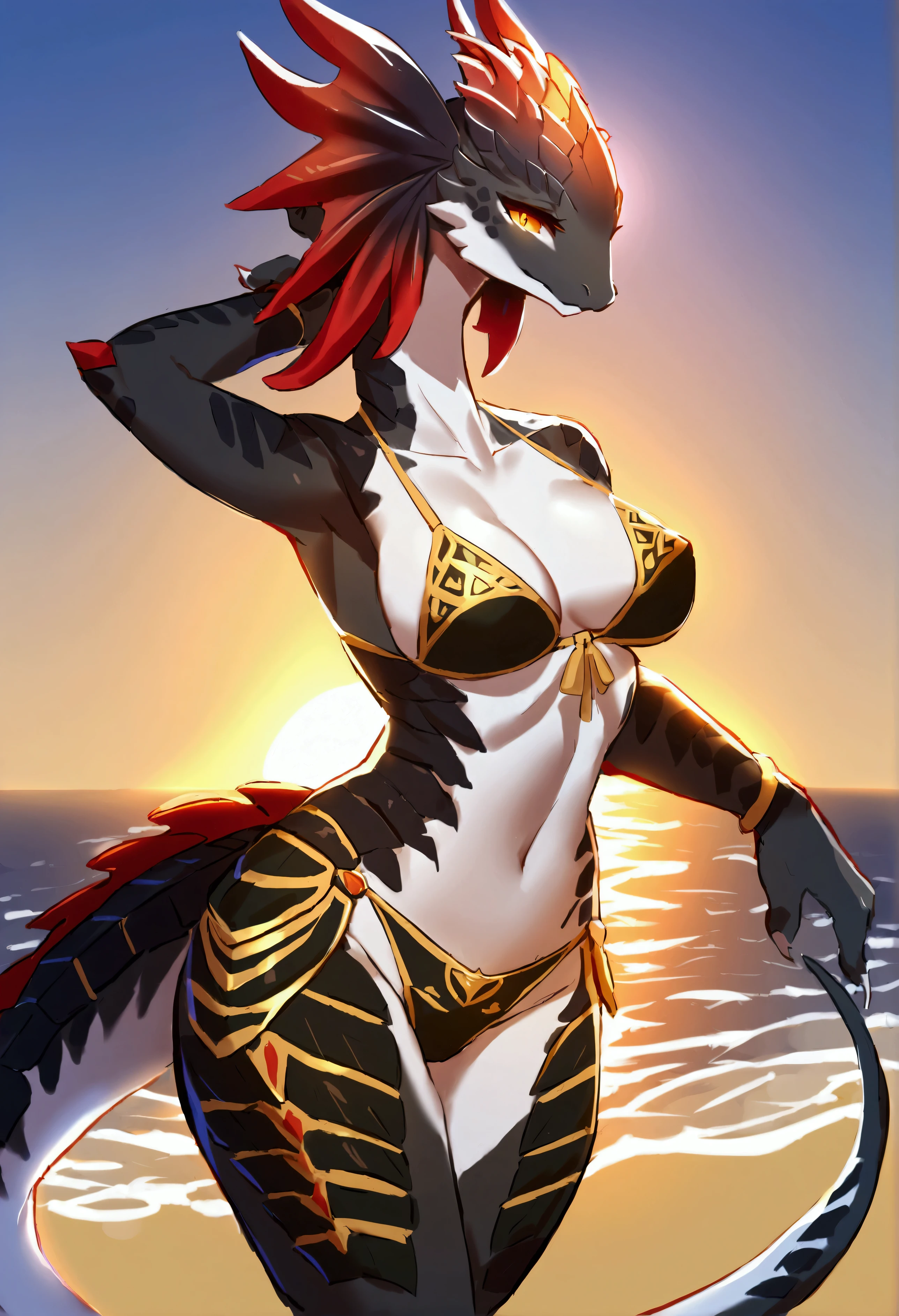 (top quality, best quality, Sollyz, High-quality illustrations, masterpiece, perfect artwork, cinematic light and shading, 16k, 1080p, uploaded on e621)(kemono, furry, anthro, alone), 1 female, (very detailed body, face, tail, arms, hands, legs, hair and eyes), lizard, (Divinity: Original Sin 2), scale body, lizard body, black body, breasts, wide hips, lizard head, lizard tail, perfect eyes, lizard eyes, amber eyes, beautiful tribe armor, beautiful bikini, beautiful beach night, body movement, body twitching