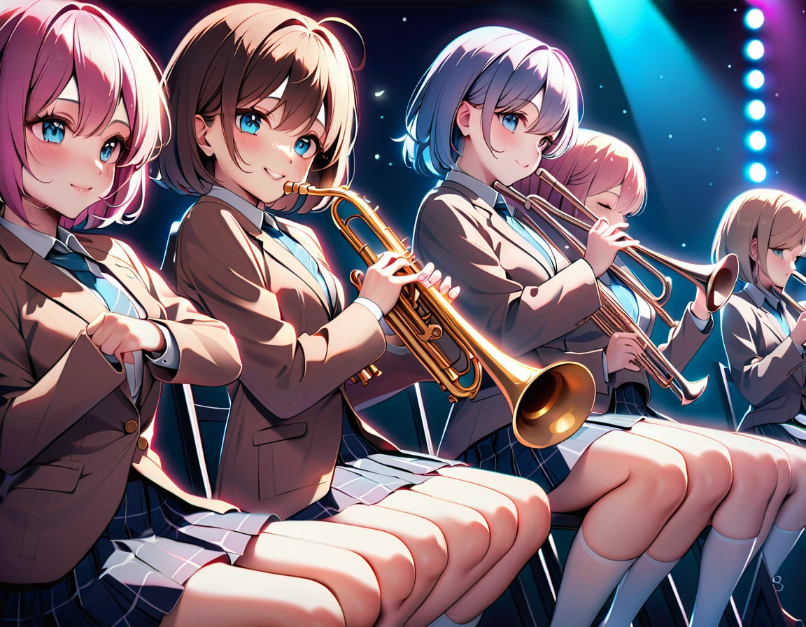 (8K, best quality, master piece: 1.2),super high resolution,symphonic band girls,8 people,****,ultra-detailed face,detailed eyes,school uniform,beige blazer,high socks, ballet shoes,playing trumpet,playing saxophone,playing flute,sitting on a pipe chair,pink hair,long hair,blue hair,short hair,brown hair,black hair,smile,stage lighting,school festival stage