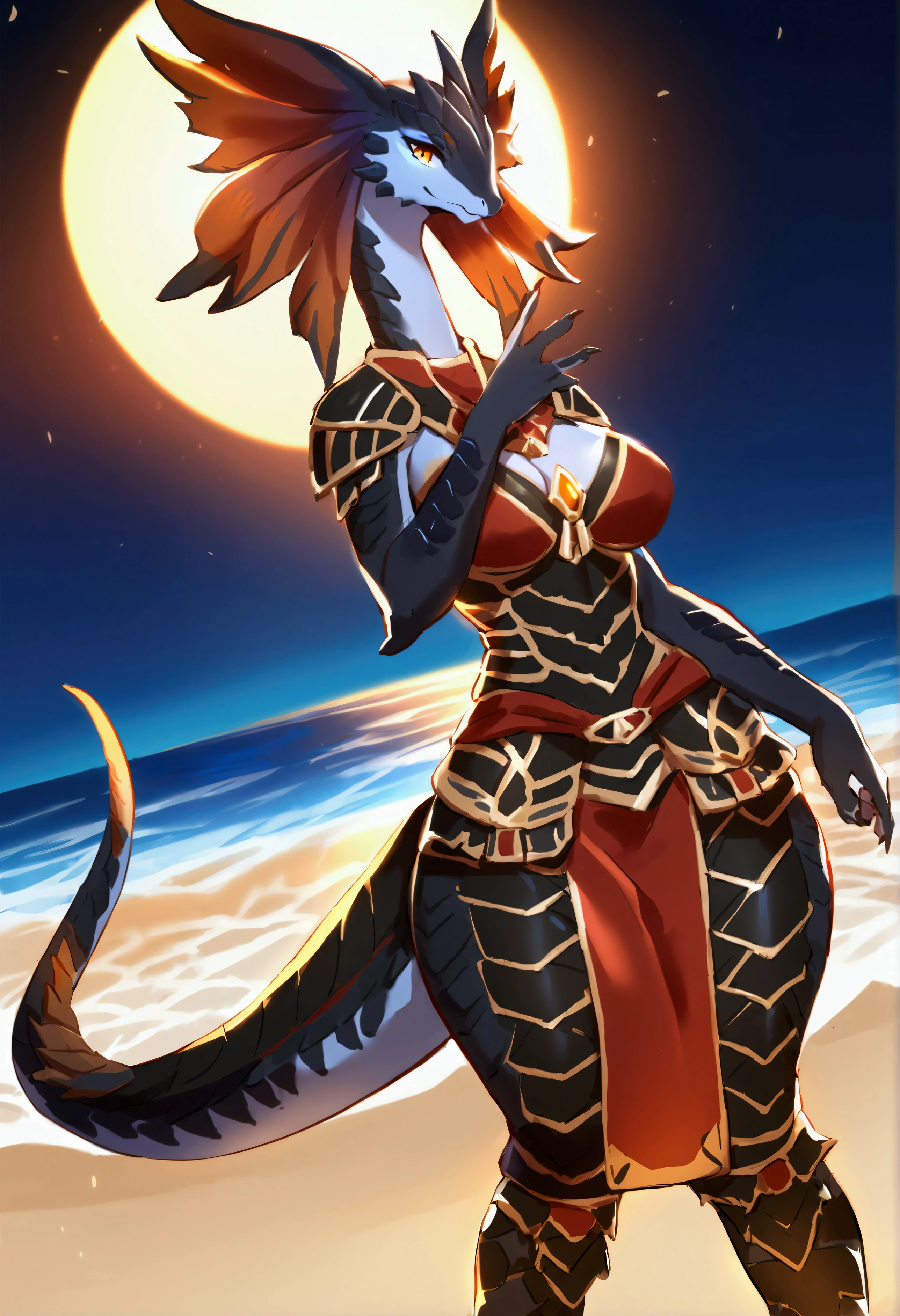 (top quality, best quality, Sollyz, High-quality illustrations, masterpiece, perfect artwork, cinematic light and shading, 16k, 1080p, uploaded on e621)(kemono, furry, anthro, alone), 1 female, (very detailed body, face, tail, arms, hands, legs, hair and eyes), lizard, (Divinity: Original Sin 2), scale body, lizard body, black body, breasts, wide hips, lizard head, lizard tail, perfect eyes, lizard eyes, amber eyes, beautiful tribe armor, beautiful dress, beautiful beach night, body movement, body twitching