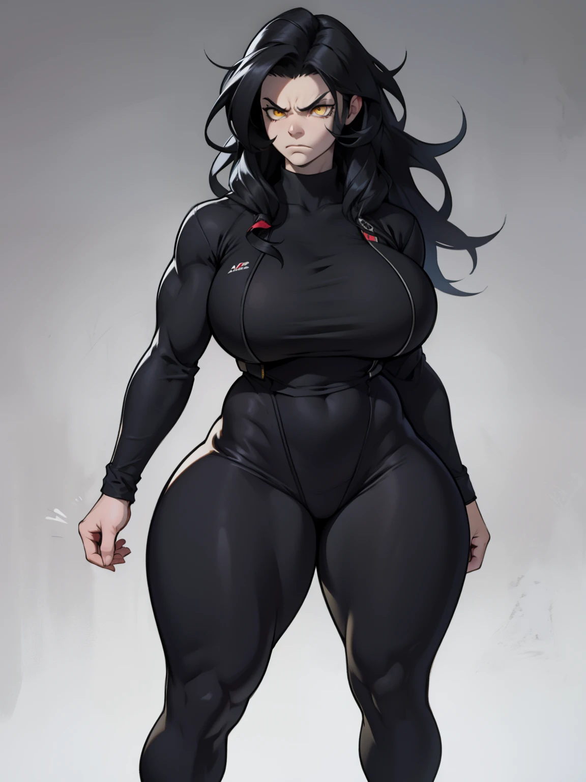 ((very long hair)), ((grey background)), ((((((1 girl)))))), black hair, yellow eyes, ((((((muscular)))))), tall, pale skin, (full body), black bodysuit, (solo), curvy, wide hips, thick thighs, big breasts