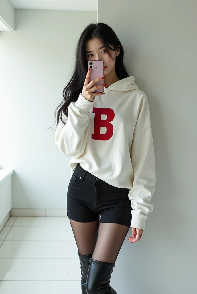 ( best quality,4K,8k, high resolution ,masterpiece,Ultra HD - High Definition、), extremely detailed , clearly focused , super beautiful Korean woman,model,20 years old, beautiful woman with perfect figure ,Pear-Shaped Body,Body ratio 5 :8,Black long hair,Very white skin, smooth skin,Delicate skin texture, charming big eyes , huge breasts F cups ,Peach hips,Long Legs,Show your feet、Foot,Slim waist and hips ,Full body photo, from the room ,White Wall,White tile floor,Taking a selfie with your phone,Phone covers face,WHITE LONG SLEEVE HOODIE ,胸前印着酒红色字母BRILLIANT,uppercase letter, black super shorts, clothes cover shorts , black tights in the hotel, black stockings,Black long boots ,Knight boots,Panoramic shooting,Realistic,Hyper-Reality,Naturally,Realistic characters