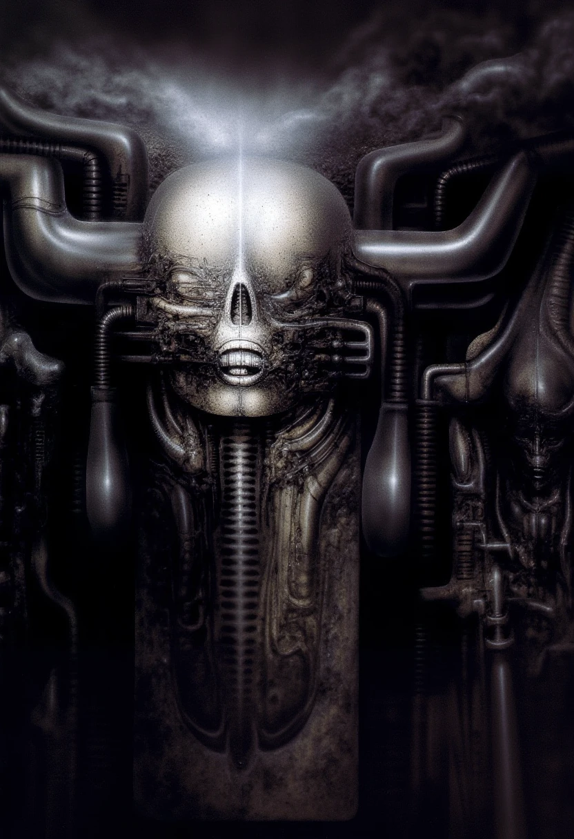 H. R. Giger's g1g3r, , Giger_style, The image is a detailed view of H.R. Giger's \" NY City  \" plate, featuring H R GIGER's biomechanical is a digital artwork featuring  The image is a surrealistic painting featuring a robotic, mechanical head with a skull face and intricate mechanical details. with a glowing light source, dence cloudy mist, strokes of steam. (A haunting and surreal image inspired by the work of H.R. Giger. The artwork depicts a biomechanical corridor, with intricate tubes and pipes snaking along the walls. A strange, organic form, reminiscent of the Alien creature, lurks in the shadows, adding to the sense of unease and mystery. The overall atmosphere is one of darkness, decay, and the unsettling nature of the unknown, best quality:1.4) The artistic manner would be unmistakably Gigeresque. A dark and unsettling beauty would permeate the piece, blurring the lines between fascination and repulsion , forever haunted by the grotesque allure. Giger's signature artistic manner would be evident in every stroke. The artist has used careful linework to depict the contours and textures in the piece, (Triadic:1.1), (Proportion:1.1),  , (Reflected light:1.2), Parchment, ultra detailed, intricate,, dry b (best quality:1.4), H.R. GIGER,  BY GIGER