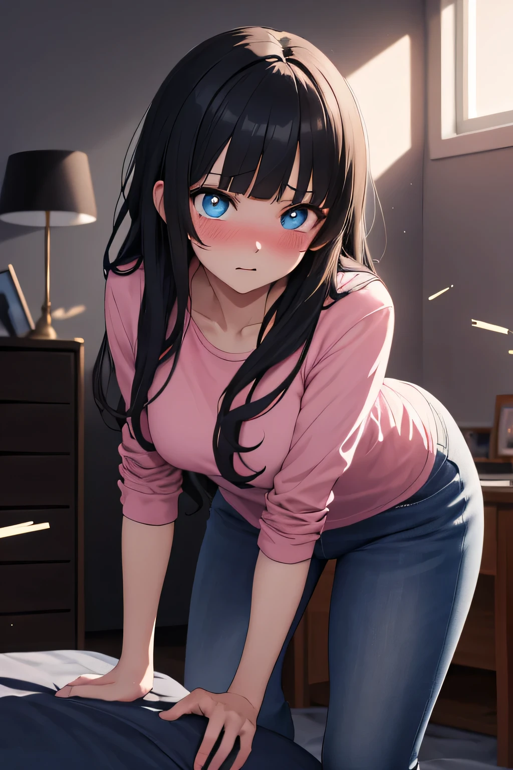 Masterpiece, Best Quality, Hi-Res, source_anime, (good_hands:0.9) , 1girl, blue eyes, innocent eyes, black long hair, blunt bangs, leaning forward, pink shirt, blue jeans, High Contrast Glossy Oily Skin, flats apartment room, messy room, blushing, shy, dramatic shadows, cinematic lighting, (light particles:1.3)