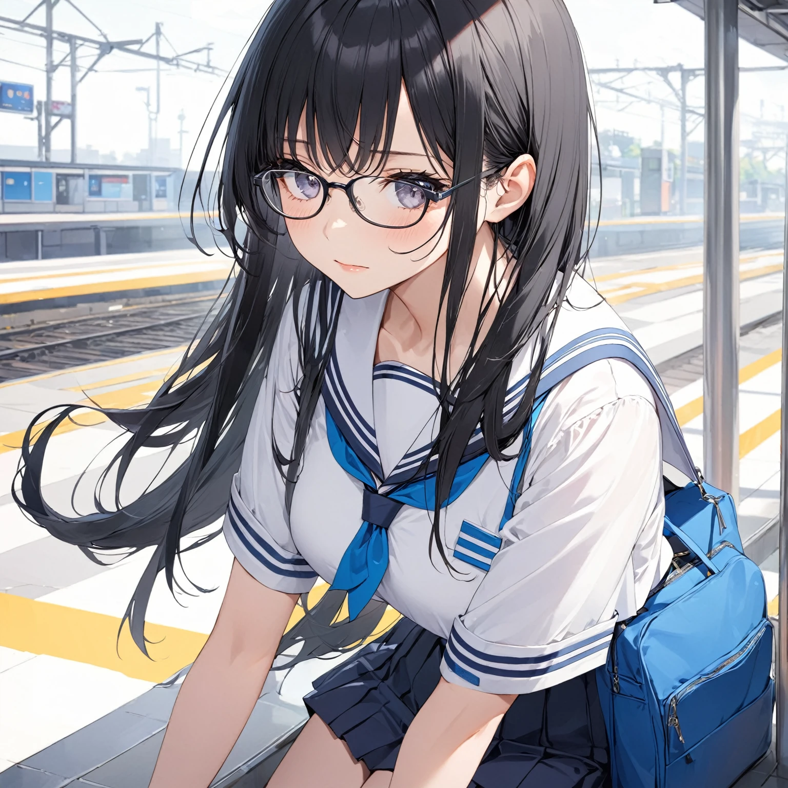  1 girl, Black Hair,Long Hair, Glasses, sailor suit, station platform