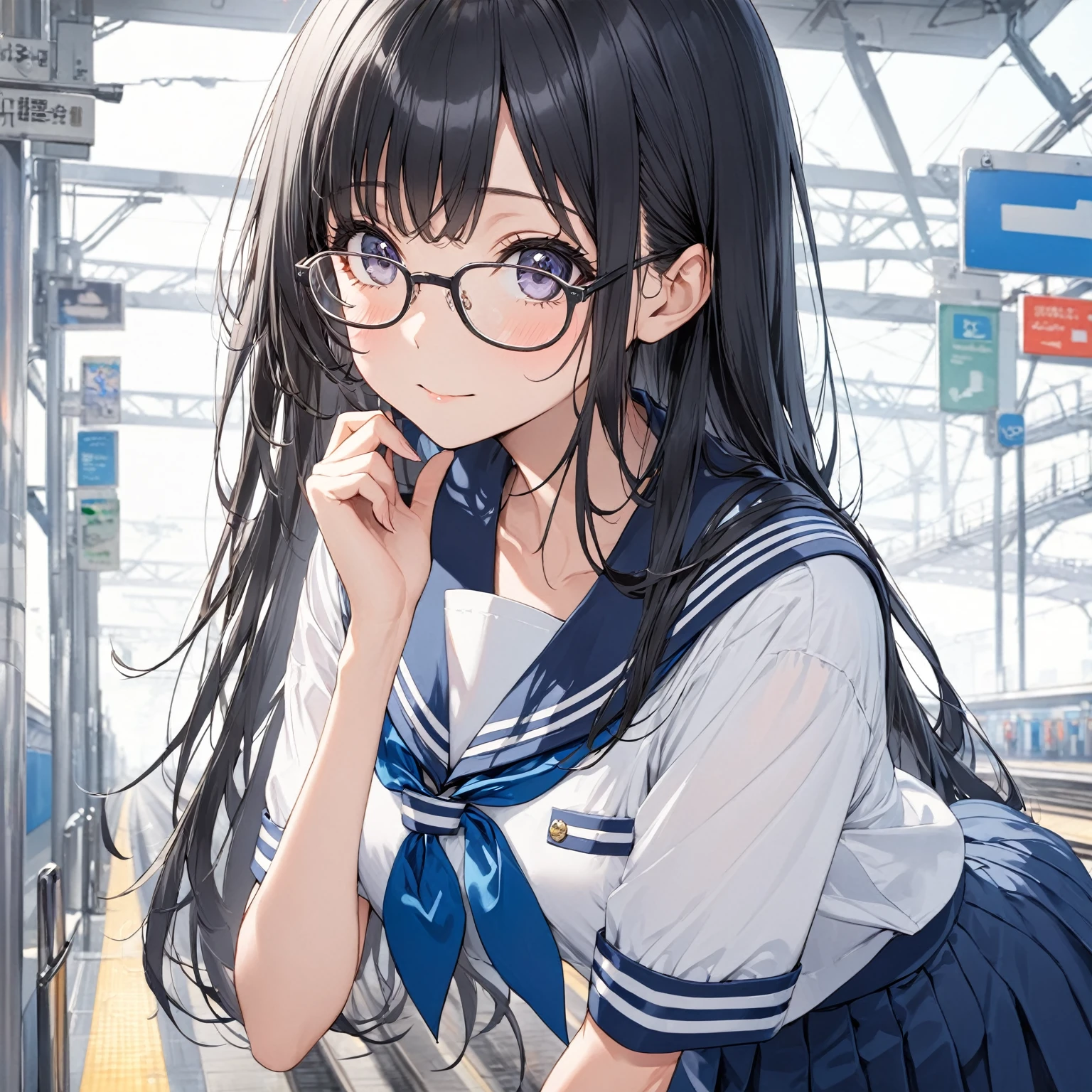  1 girl, Black Hair,Long Hair, Glasses, sailor suit, station platform