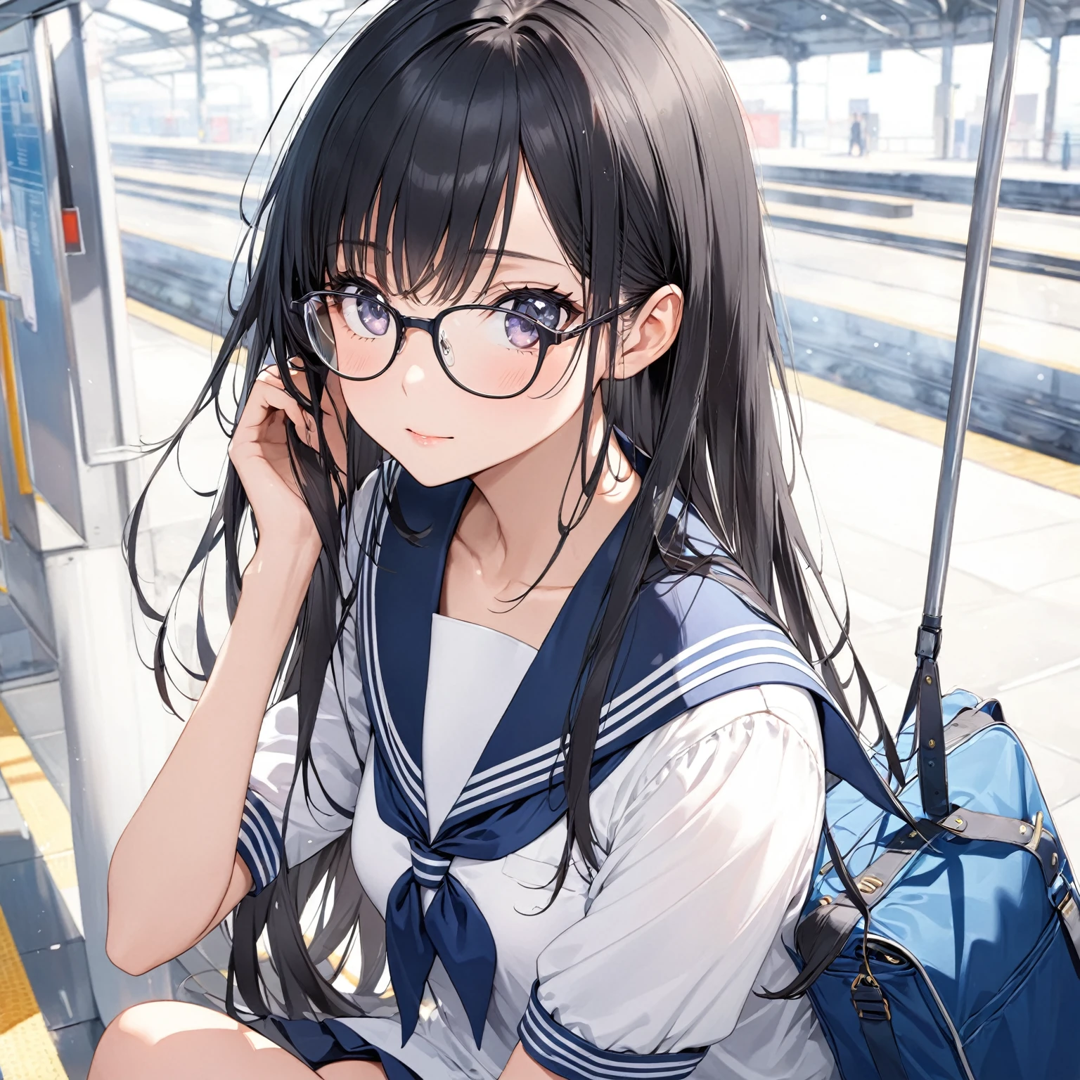  1 girl, Black Hair,Long Hair, Glasses, sailor suit, station platform