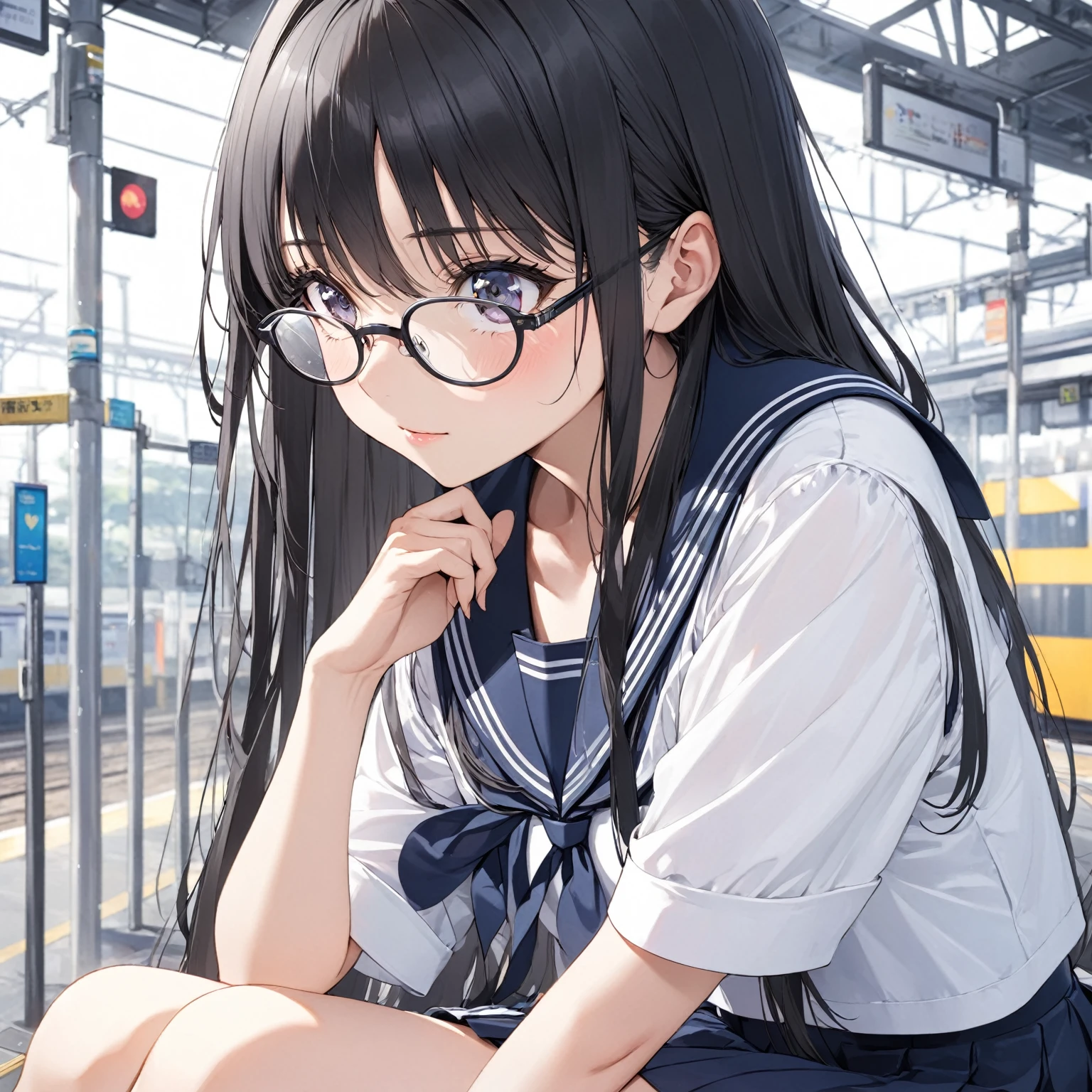  1 girl, Black Hair,Long Hair, Glasses, sailor suit, station platform