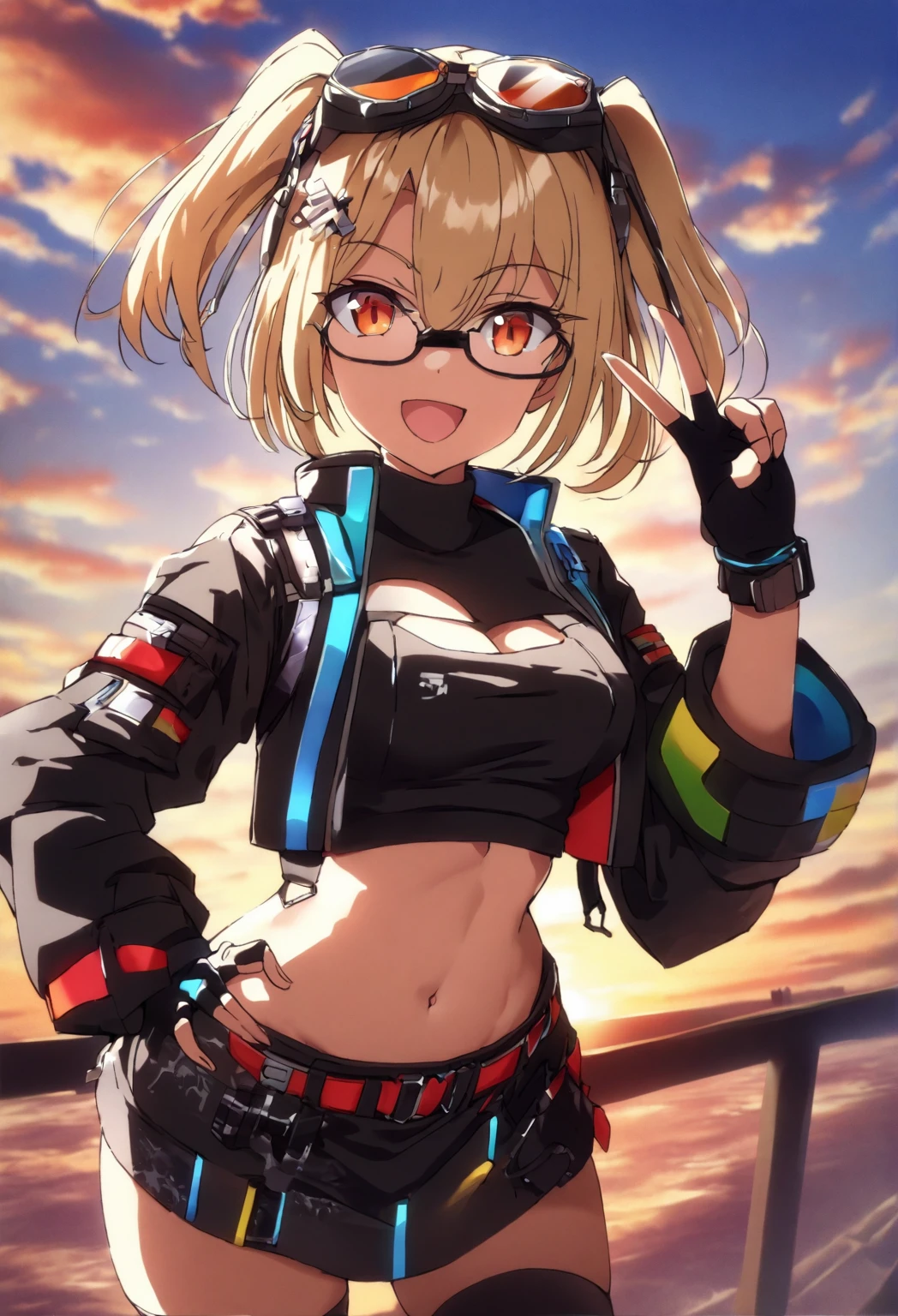  score_9_up,  score_8_up,  score_7_up, sauce_Anime, masterpiece, Best Quality,  1 girl, Alone, Bernice_, sunlight,  sunrise, cloud, Blue Sky,  is standing, v sign,  cheerful smile,  open your mouth , looking at you, upper body,  face focus ,   hand on hip,  blond hair, two side up,  orange eyes with glasses on head , sunglasses, goggles,  SHORT TWIN TAIL,  hair ornament ,  crop top,  tube top,  Black Jacket ,  black　 thigh high socks,  Cropped Jacket ,  blackシャツ,  clevage cutout,  long sleeve , belt,   blackスカート ,  Red Wristbands , Red Knee Brace , Fingerless gloves,   miniskirt, abdomen,  turtleneck,  mature body,  dynamic cowboy shot, Outdoor, sky cloud background