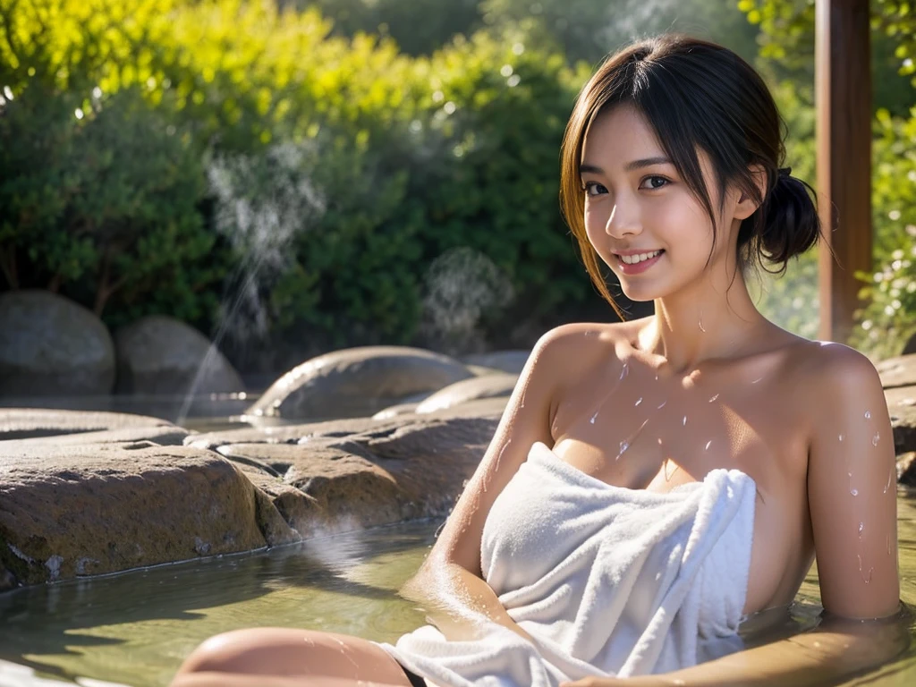 (8k, RAW photo, photorealistic, HQ, masterpiece), solo, a cute Japanese woman, (glowing eyes), 
(smile), ponytail, (Soaking in a large outdoor bath), (Wrap a bath towel around body ), ( Get in the hot water until breasts are covered), huge breasts, ( Sweating:1.4), 
(outdoor very large bath in the woods, Lots of steam, open air Onsen, rotenburo ), Depth of field rally background, backlighting, 