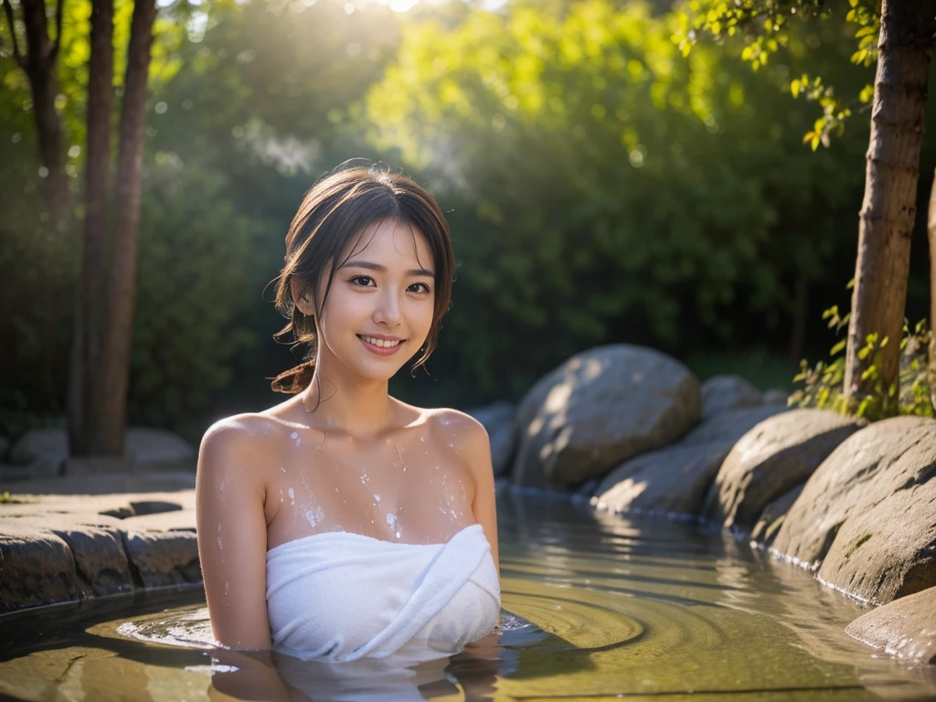 (8k, RAW photo, photorealistic, HQ, masterpiece), solo, a cute Japanese woman, (glowing eyes), 
(smile), ponytail, (Soaking in a large outdoor bath), (Wrap a bath towel around body ), ( Get in the hot water until breasts are covered), huge breasts, ( Sweating:1.4), 
(outdoor very large bath in the woods, Lots of steam, open air Onsen, rotenburo ), Depth of field rally background, backlighting, 