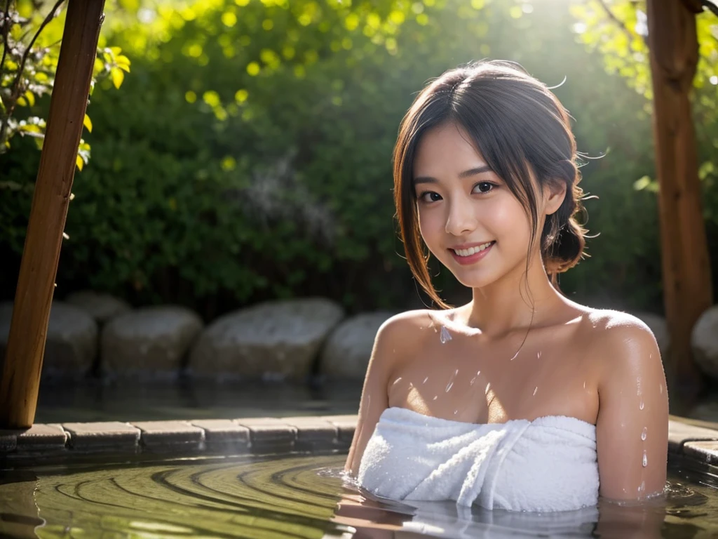 (8k, RAW photo, photorealistic, HQ, masterpiece), solo, a cute Japanese woman, (glowing eyes), 
(smile), ponytail, (Soaking in a large outdoor bath), (Wrap a bath towel around body ), ( Get in the hot water until breasts are covered), huge breasts, ( Sweating:1.4), 
(outdoor very large bath in the woods, Lots of steam, open air Onsen, rotenburo ), Depth of field rally background, backlighting, 