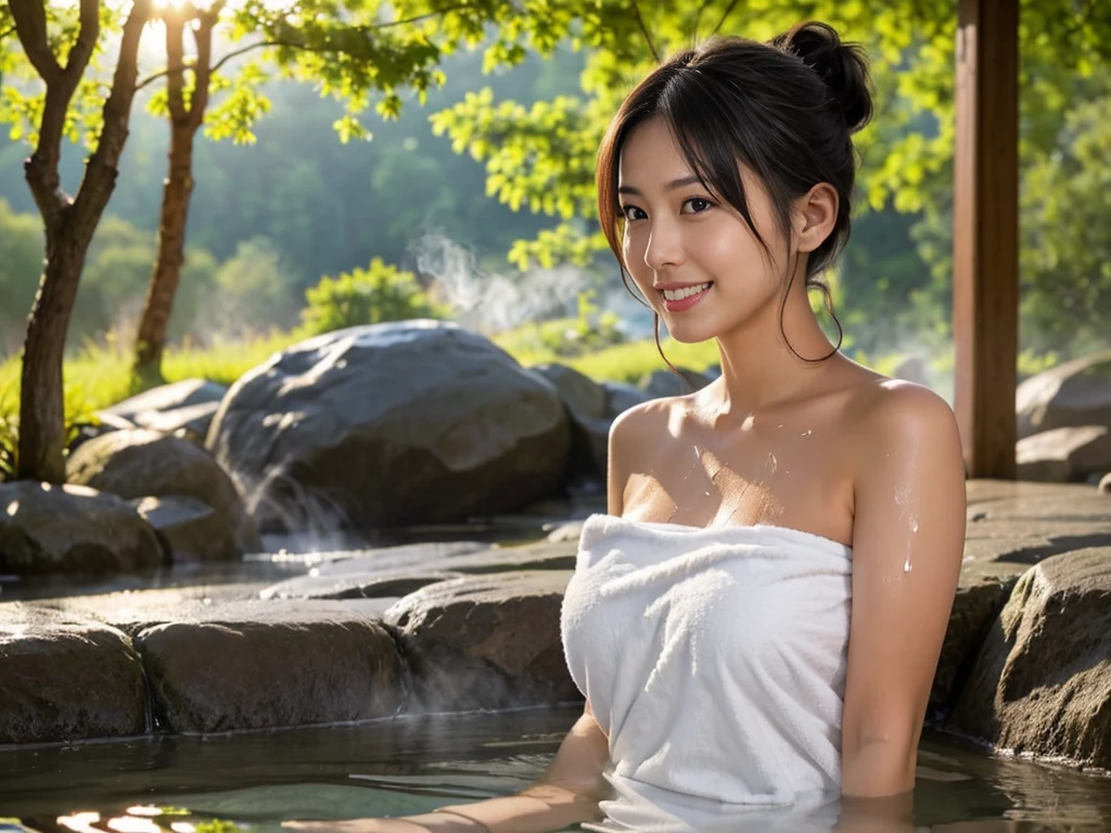 (8k, RAW photo, photorealistic, HQ, masterpiece), solo, a cute Japanese woman, (glowing eyes), 
(smile), ponytail, (Soaking in a large outdoor bath), (Wrap a bath towel around body ), ( Get in the hot water until breasts are covered), huge breasts, ( Sweating:1.4), 
(outdoor very large bath in the woods, Lots of steam, open air Onsen, rotenburo ), Depth of field rally background, backlighting, 