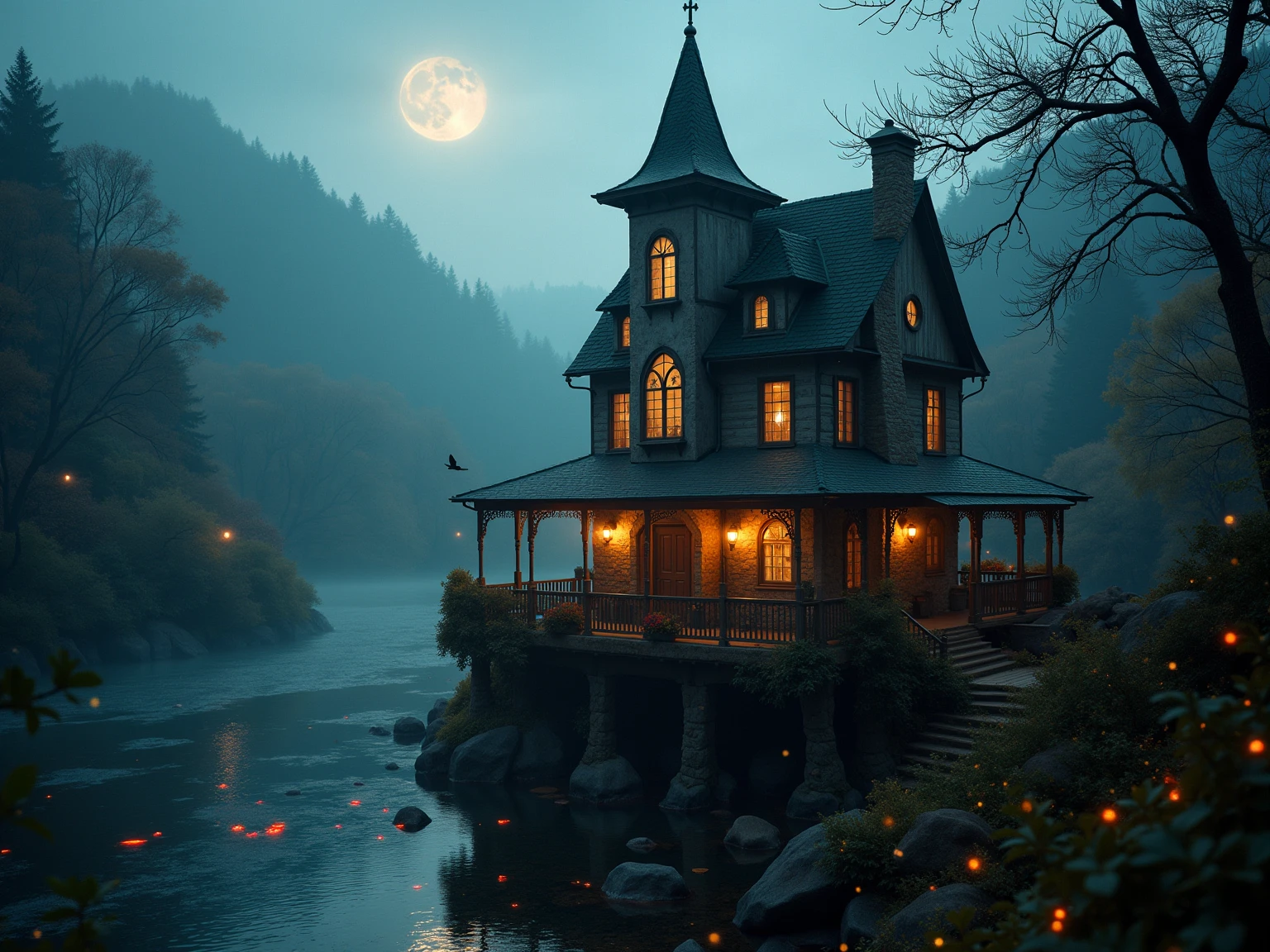 cinematic photo . cute multi-story witch's house on a plateau, surrounded by a magical river. magic is in the air, glowing fish, fireflies, magical forest in the background.  . 35mm photograph, film, bokeh, professional, 4k, highly detailed