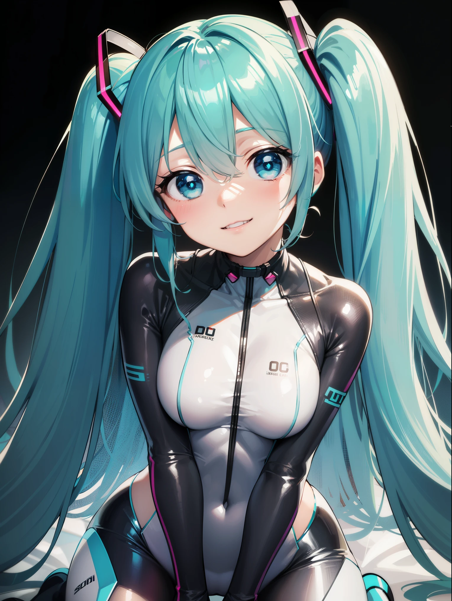  sugar angle ,  Hatsune Miku, (hatune friend), Very cute,  hair between eyes ,  headgear ,  penis inside a vagina , turquoise hair, (Very long twin tails), (頭部は Hatsune Miku),smile,( intricate plug suit design in turquoise, white, and black), (The suit has an Aska design and is shiny ), long sleeve , (Asuka&#39;s Plug Suit), ( Cowboy Shots ),(The background is inside a spaceship filled with large monitors ), (masterpiece:1.2), Best Quality,  high definition, (Brilliant eyes with beautiful attention to detail :1.6),  detailed face, perfect lighting,  Extremely Detailed CG , (Perfect hands,  COMPLETE ANATOMY),(The suit comes with lots of plugs and interfaces ),