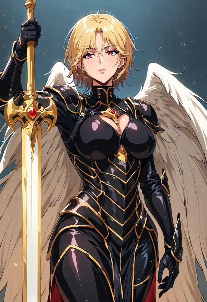  The best quality,  lonely mature woman , many curves, seductive, black armor, corona de flores, Gold jewelry, goddess, big white wings , short golden hair,  short hair, thin bangs, red eyes,  in her left hand she holds a long sword ,  in her right hand holds a battle axe, lleva una black armor completa, a human warrior .