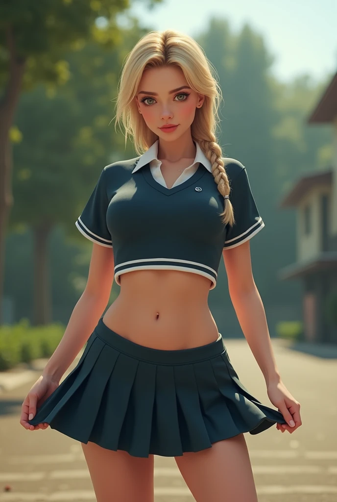 (Beautiful), (young), (skinny), (18yo), (blonde hair), (teen girl), (braid), (freckles), (school courtyard), (dark blue pleated skirt), (bare breasts), (topless), (facing viewer), (facing camera), (sunny day), (trees), (sulking:1.6), (blushing:1.5)
