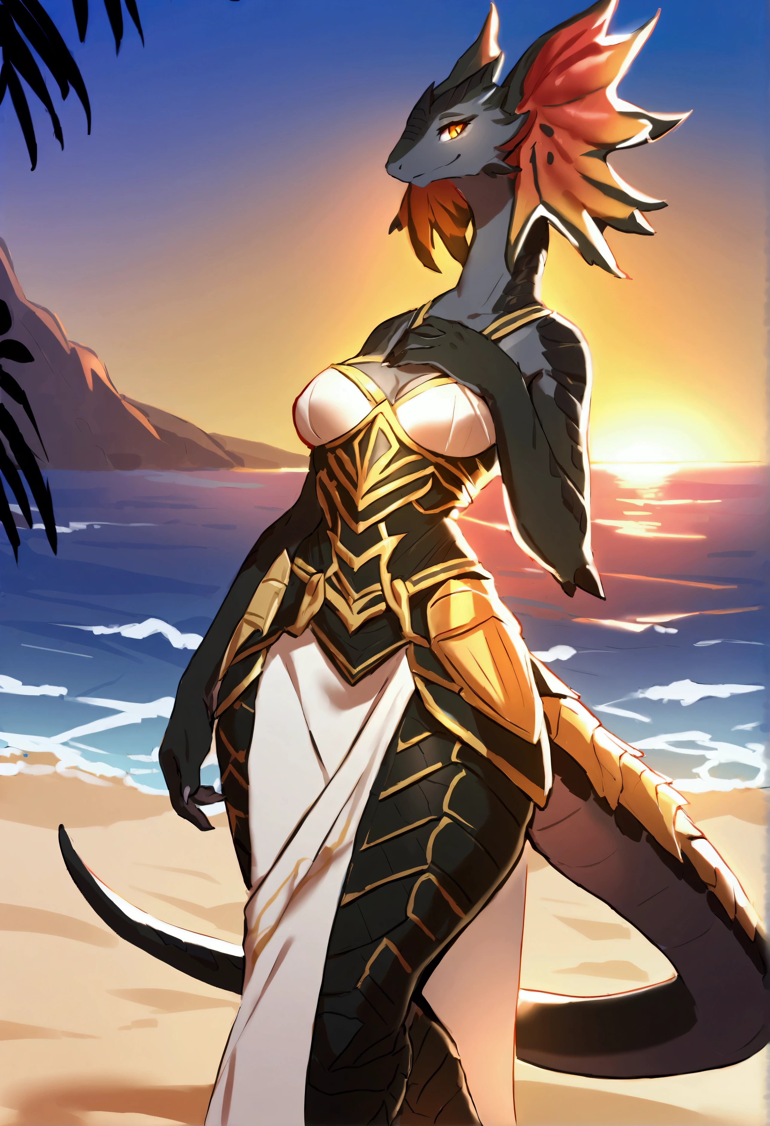 (top quality, best quality, Sollyz, High-quality illustrations, masterpiece, perfect artwork, cinematic light and shading, 16k, 1080p, uploaded on e621)(kemono, furry, anthro, alone), 1 female, (very detailed body, face, tail, arms, hands, legs, hair and eyes), lizard, (Divinity: Original Sin 2), scale body, lizard body, black body, breasts, wide hips, lizard head, lizard tail, perfect eyes, lizard eyes, amber eyes, beautiful tribe armor, beautiful dress, beautiful beach night, body movement, body twitching