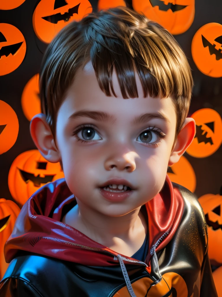 Cinematic Cartoon style. Comic art. TME0224 face, (((a boy, ***))) in a funny halloween night, brown eyes, (wearing a halloween costume))). ((Comic halloween background))).