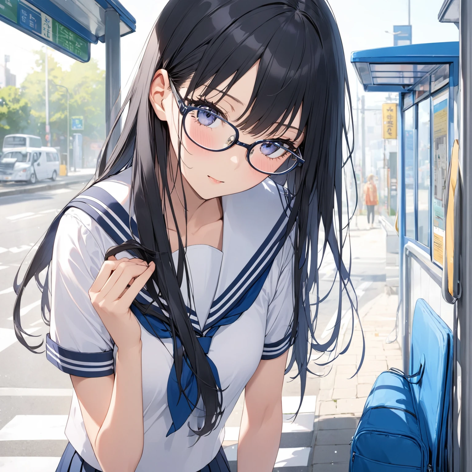  1 girl, Black Hair,Long Hair, Glasses, sailor suit,bus stop
