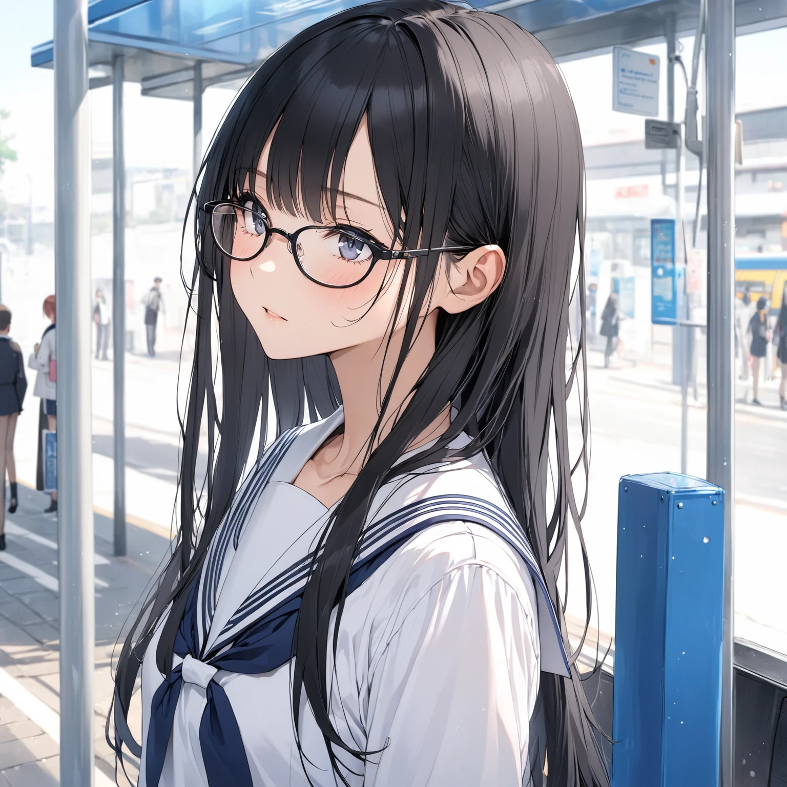  1 girl, Black Hair,Long Hair, Glasses, sailor suit,bus stop
