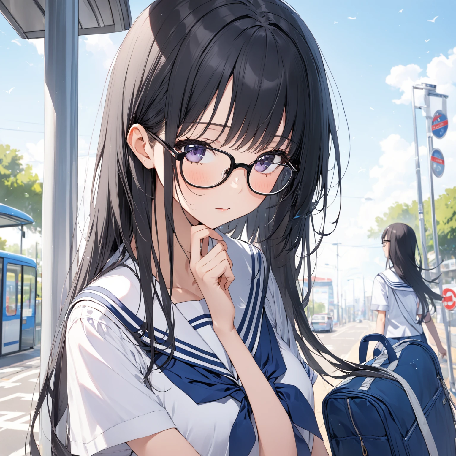  1 girl, Black Hair,Long Hair, Glasses, sailor suit,bus stop
