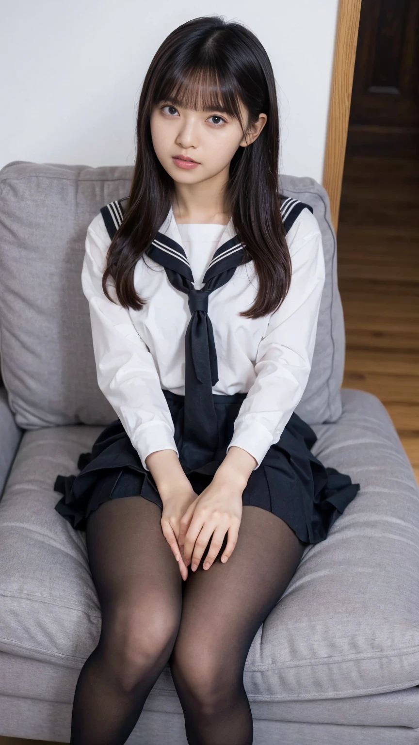 The face is :9,1714884241], Serapuk girl holding skirt in hand, Sailor outfit、Raw foto、Wearing black pantyhose、wearing little white panties、Upskirt, 초a realistic schoolgirl, a realistic schoolgirl, Beautiful girl sitting on a chair, 초a realistic schoolgirl, Fine details. Crotch Pants Show, Ecchi style, Ecchi, Thighs thighs Thighs!!!