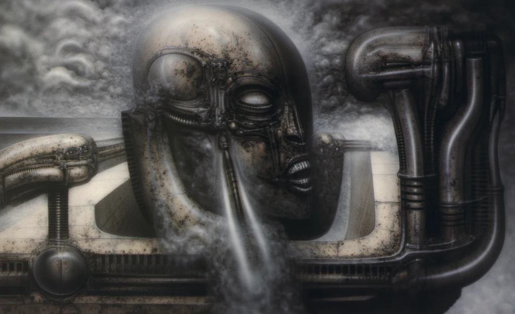 H. R. Giger's g1g3r, , Giger_style, The image is a detailed view of H.R. Giger's \" NY City  \" plate, featuring H R GIGER's biomechanical is a digital artwork featuring  The image is a surrealistic painting featuring a robotic, mechanical head with a skull face and intricate mechanical details. with a glowing light source, dence cloudy mist, strokes of steam. (A haunting and surreal image inspired by the work of H.R. Giger. The artwork depicts a biomechanical corridor, with intricate tubes and pipes snaking along the walls. A strange, organic form, reminiscent of the Alien creature, lurks in the shadows, adding to the sense of unease and mystery. The overall atmosphere is one of darkness, decay, and the unsettling nature of the unknown, best quality:1.4) The artistic manner would be unmistakably Gigeresque. A dark and unsettling beauty would permeate the piece, blurring the lines between fascination and repulsion , forever haunted by the grotesque allure. Giger's signature artistic manner would be evident in every stroke. The artist has used careful linework to depict the contours and textures in the piece, (Triadic:1.1), (Proportion:1.1),  , (Reflected light:1.2), Parchment, ultra detailed, intricate,, dry b (best quality:1.4), H.R. GIGER,  BY GIGER