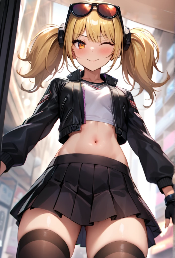  ridiculous determination   ,   kampala, (masterpiece:1.4), Super detailed,   1 girl , Alone, Chest,    audience staring rules odebtul debtace  , bangs, skirt,  Blonde, shirt, Thighs丈, Gloves,   Long Sleeve  , belly button, holding,  ,   Twin Tails, medium Chest,   jacket, arms,   Cowboy Shots , pleated skirt,  }  close one eye  , Open the clothes, black Gloves, abdomen, miniskirt, fingerless Gloves, black skirt, stomach, holding arms, open   jacket, (Black knee socks,  Absolute Territory  :1.3), black   jacket,   crop top ,  cancer with orange eyes  ,   cutout,  wearing sunglasses on the head , , holding 銃,   dual weeding that destroys reality,   Tinted Glasses ,   looking through glass  ,  , (  dynamic pose :1.3), smile, I'm not looking at the composition from below , Thighs,  sexy
