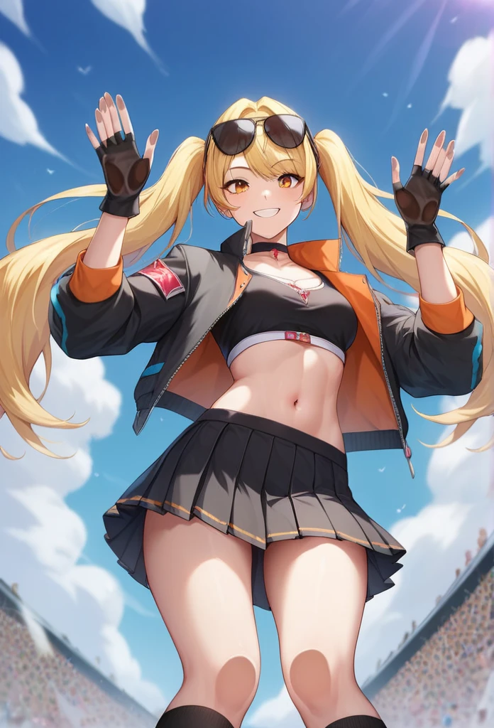  ridiculous determination   ,   kampala, (masterpiece:1.4), Super detailed,   1 girl , Alone, Chest,    audience staring rules odebtul debtace  , bangs, skirt,  Blonde, shirt, Thighs丈, Gloves,   Long Sleeve  , belly button, holding,  ,   Twin Tails, medium Chest,   jacket, arms,   Cowboy Shots , pleated skirt,  }  close one eye  , Open the clothes, black Gloves, abdomen, miniskirt, fingerless Gloves, black skirt, stomach, holding arms, open   jacket, (Black knee socks,  Absolute Territory  :1.3), black   jacket,   crop top ,  cancer with orange eyes  ,   cutout,  wearing sunglasses on the head , , holding 銃,   dual weeding that destroys reality,   Tinted Glasses ,   looking through glass  ,  , (  dynamic pose :1.3), smile, I'm not looking at the composition from below , Thighs,  sexy
